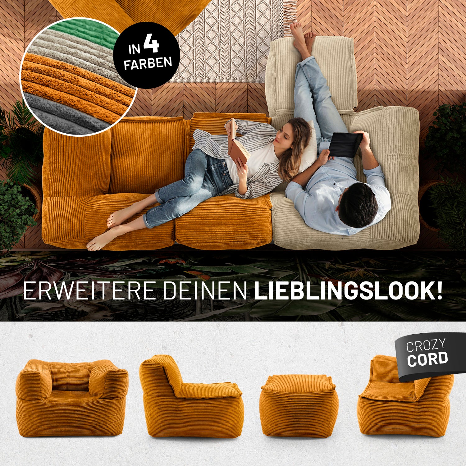 Modulares Eckteil links aus der LUMALAND Cord-Reihe - 340 L - 81 x 81 x 70 cm - Senfgelb Sitzsack in Cordoptik langlebig gemütlich