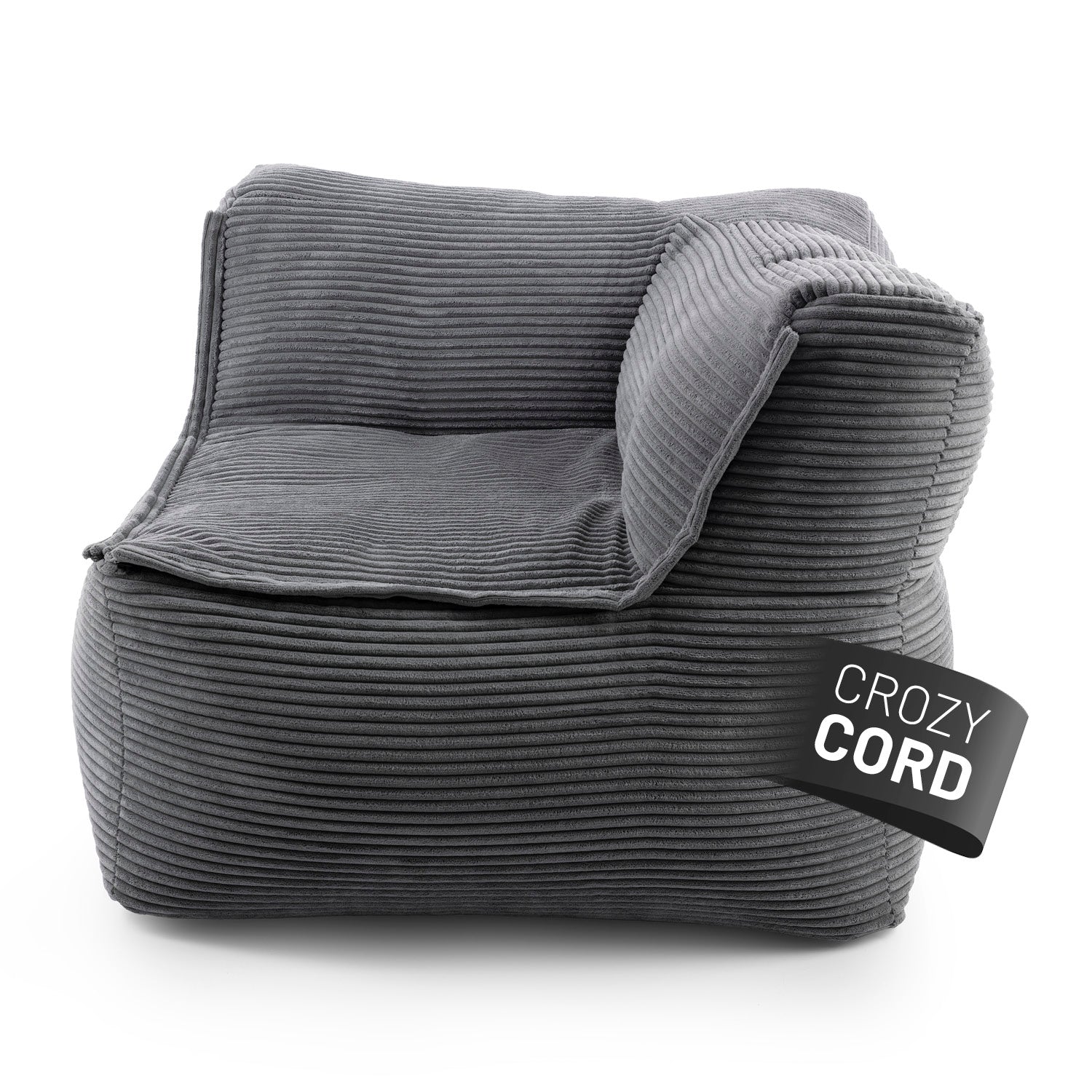 Modulares Eckteil rechts aus der LUMALAND Cord-Reihe - 340 L - 81 x 81 x 70 cm - Grau, bequemer Cord-Sitzsack für Indoor.