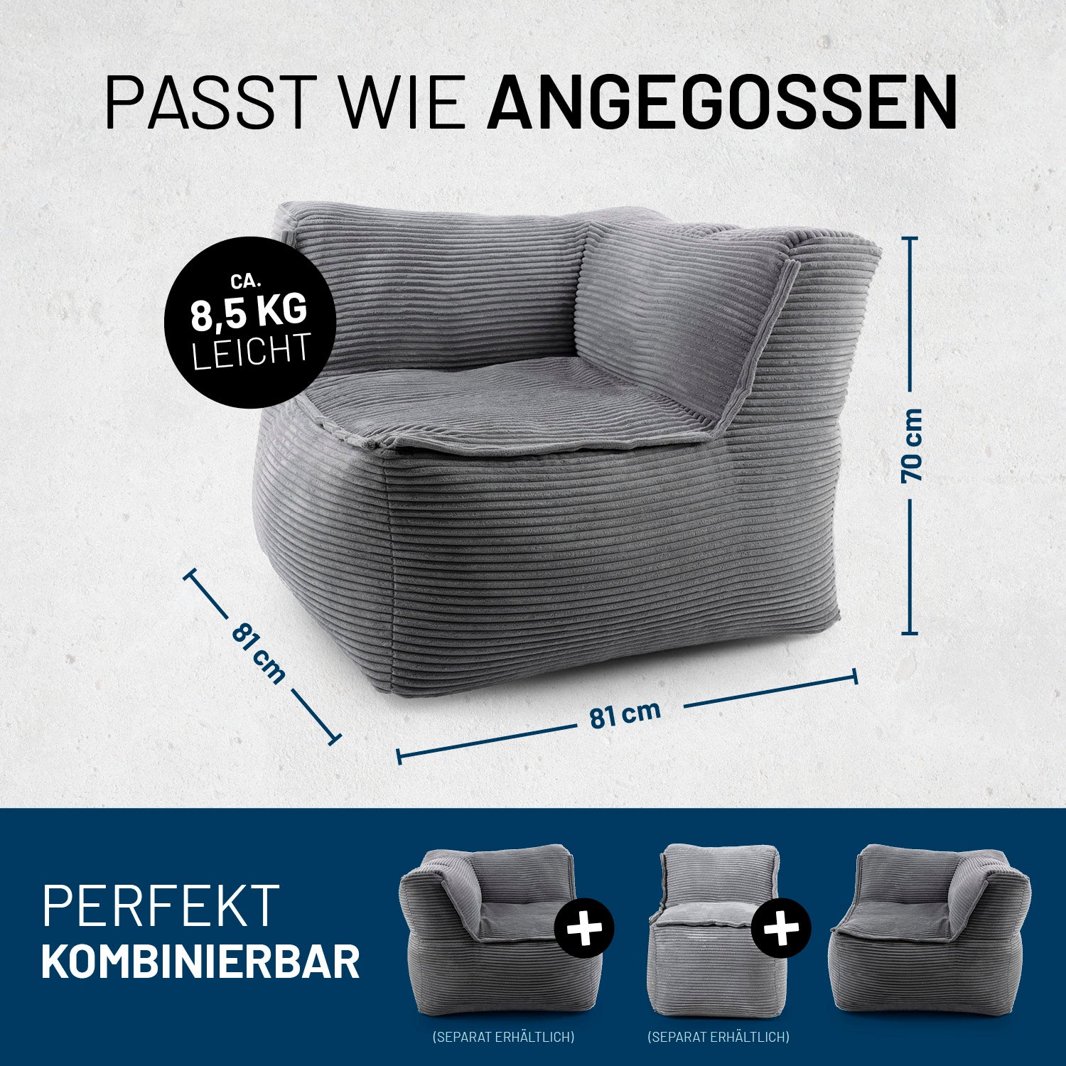 Modulares Eckteil rechts aus der LUMALAND Cord-Reihe - 340 L - 81 x 81 x 70 cm - Grau, leichter Cord-Sitzsack, perfekt kombinierbar.