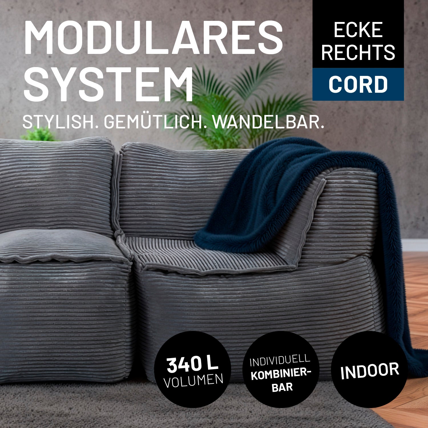 Modulares Eckteil rechts aus der LUMALAND Cord-Reihe - 340 L - 81 x 81 x 70 cm - Grau, kuscheliges Cordmaterial, indoor.