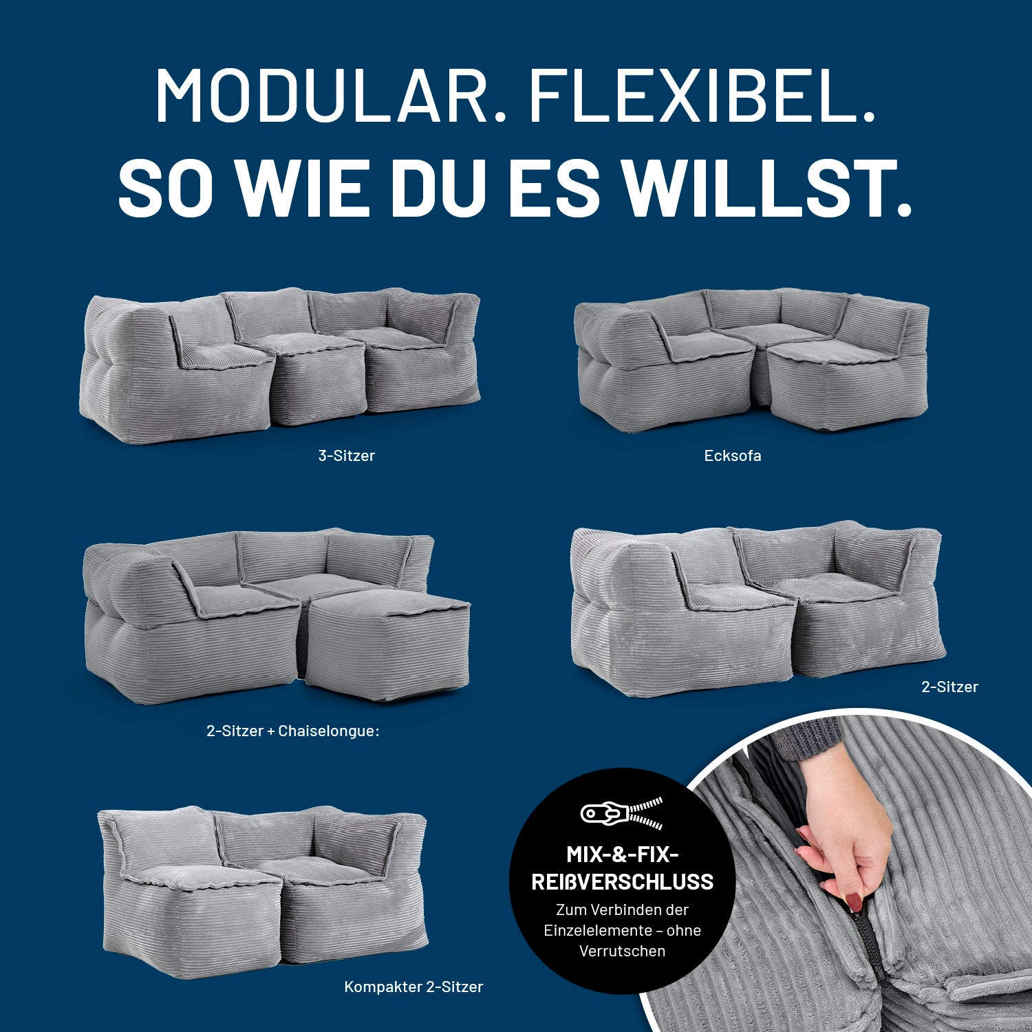 Modulares Eckteil rechts aus der LUMALAND Cord-Reihe - 340 L - 81 x 81 x 70 cm - Grau als flexibles, modulares Möbelstück gezeigt.