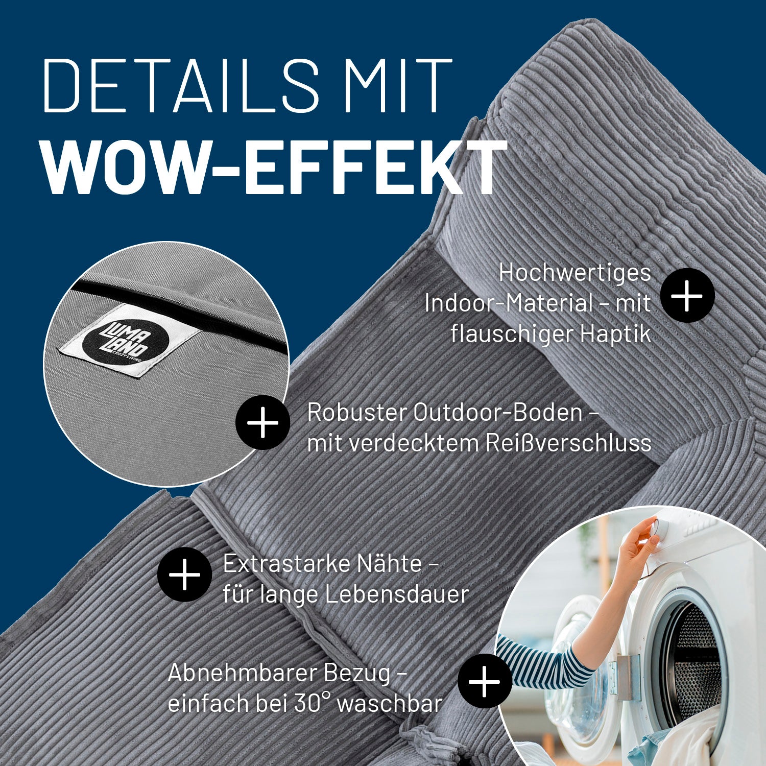 Modulares Eckteil rechts aus der LUMALAND Cord-Reihe - 340 L - 81 x 81 x 70 cm - Grau mit hochwertigem Cordstoff und robustem Außenboden.