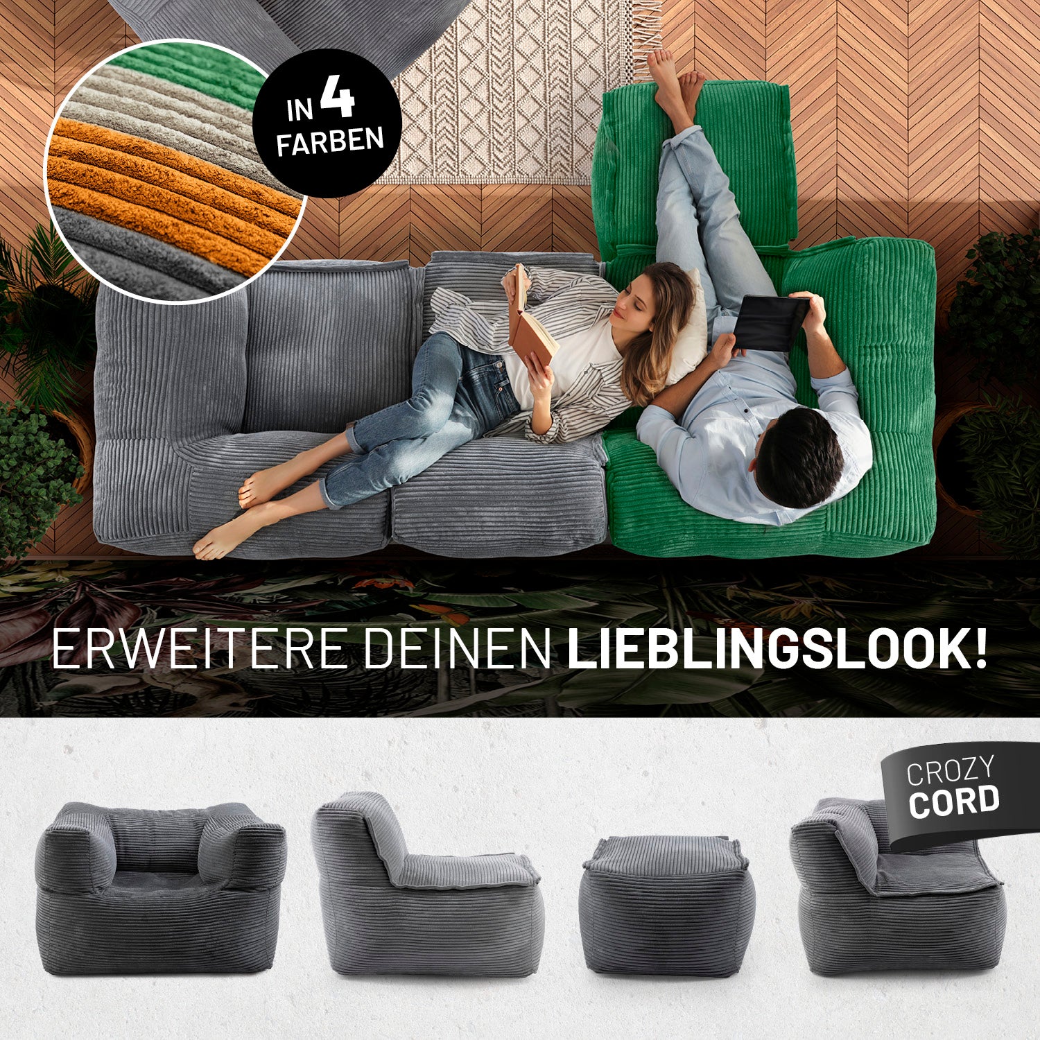 Modulares Eckteil rechts aus der LUMALAND Cord-Reihe - 340 L - 81 x 81 x 70 cm - Grau im trendigen Cordstoff, gemütlich und modular kombinierbar.