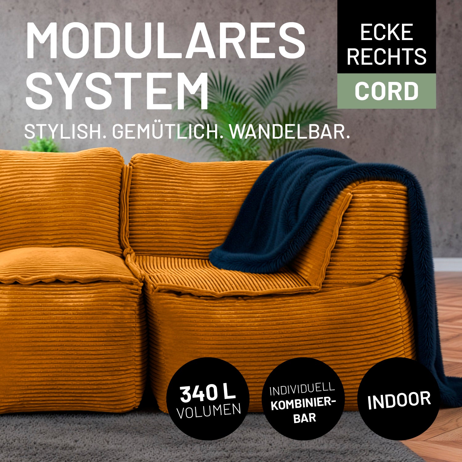Modulares Eckteil rechts aus der LUMALAND Cord-Reihe - 340 L - 81 x 81 x 70 cm - Senfgelb, gemütlich und wandelbar im Wohnraum