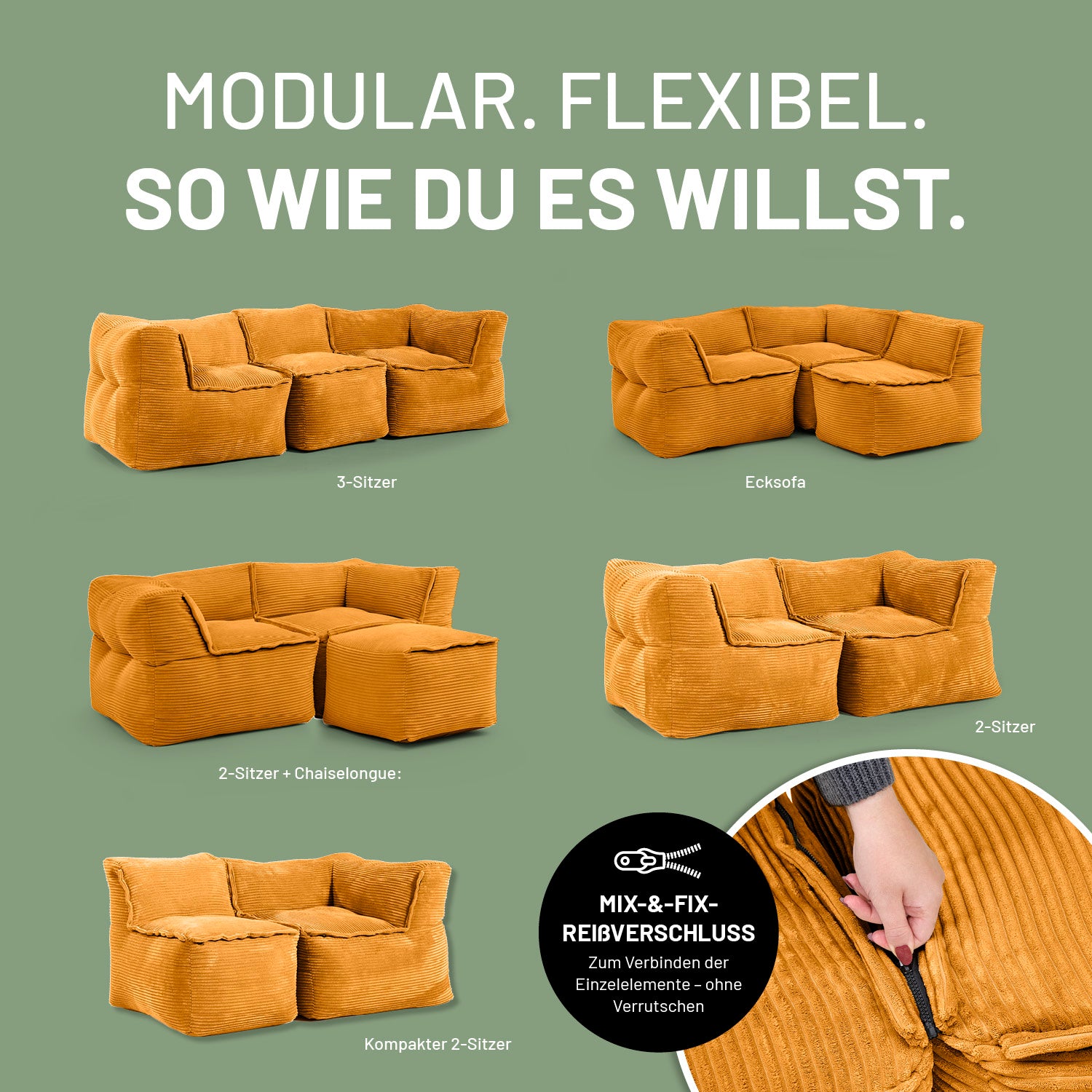Modulares Eckteil rechts aus der LUMALAND Cord-Reihe 340 L 81x81x70 cm Senfgelb mit verschiedenen Sitzkombinationen und Reißverschluss-Verbindung.