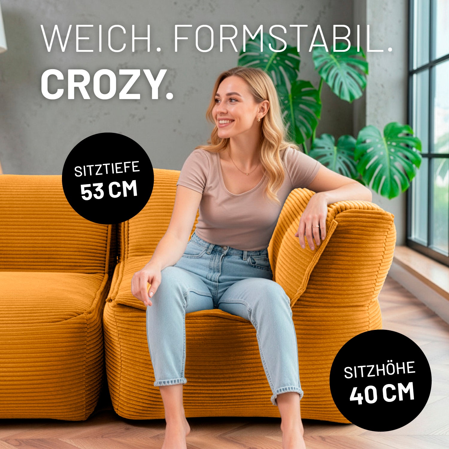 Modulares Eckteil rechts aus der LUMALAND Cord-Reihe - 340 L - 81 x 81 x 70 cm - Senfgelb mit Sitzhöhe 40 cm und Sitztiefe 53 cm