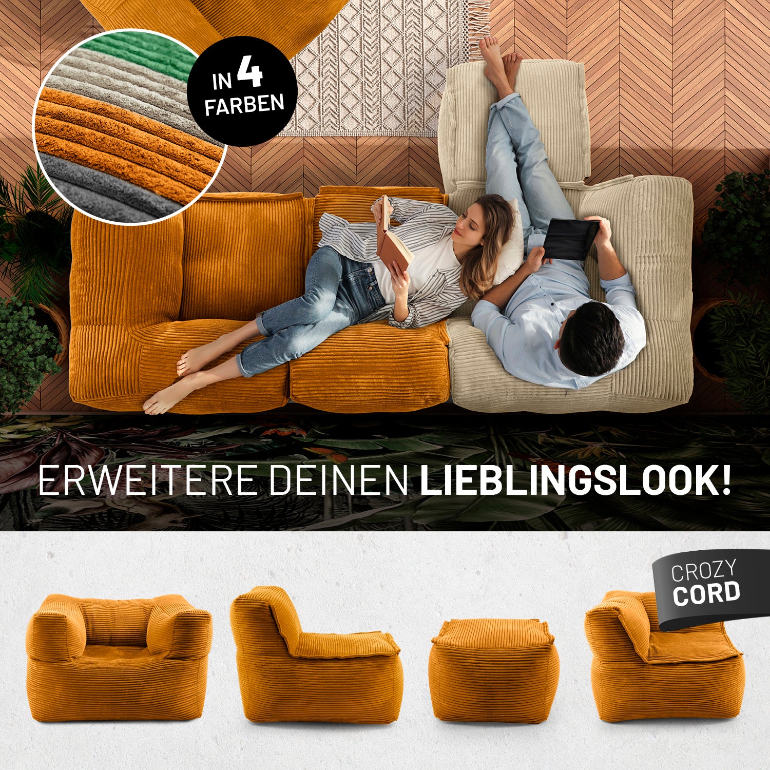 Modulares Eckteil rechts aus der LUMALAND Cord-Reihe - 340 L - 81 x 81 x 70 cm - Senfgelb, gemütlich und modern