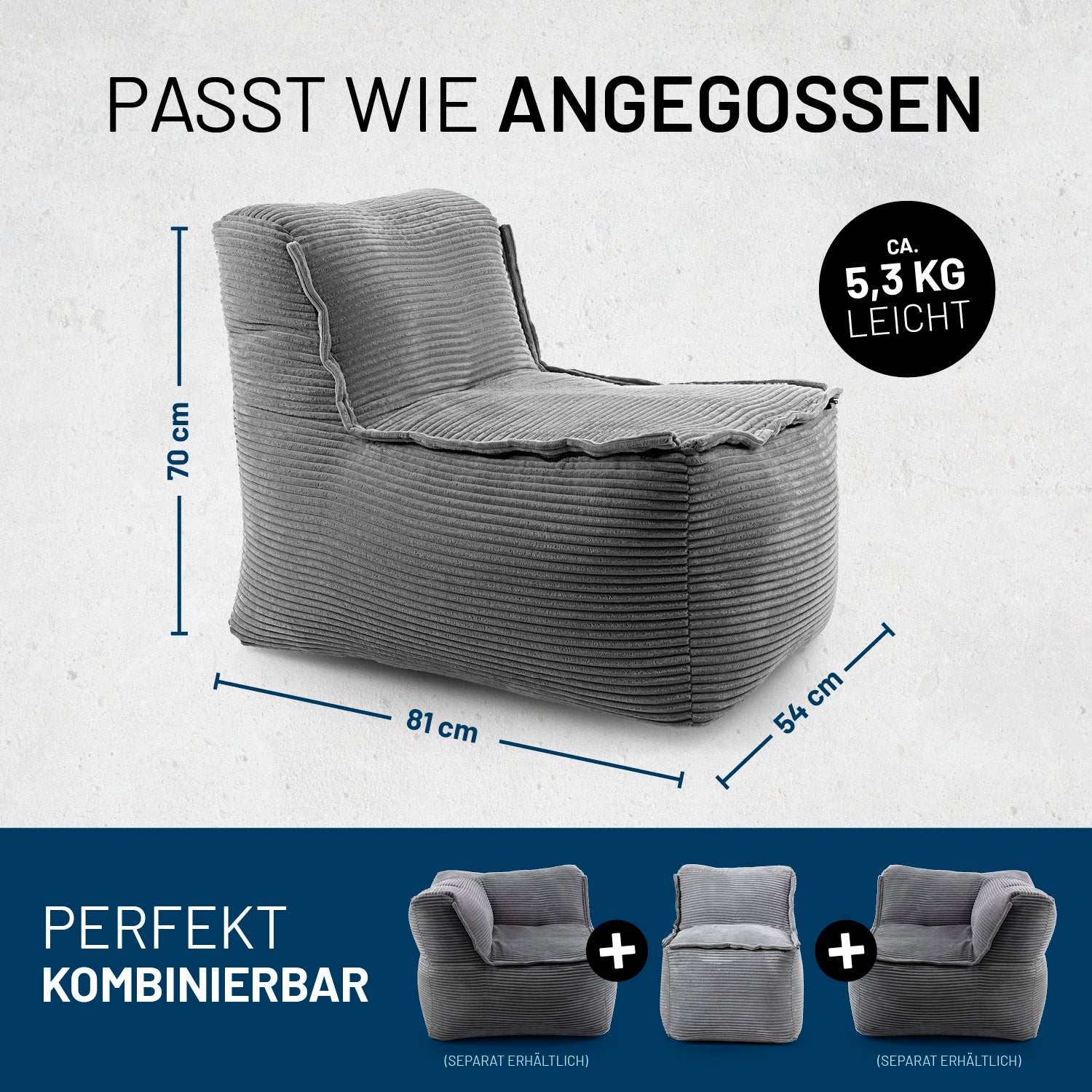 Modulare Mitte aus der LUMALAND Cord-Reihe - 200 L - 81 x 54 x 70 cm - Grau Sitzsack mit Maßen und Kombinationsmöglichkeiten.