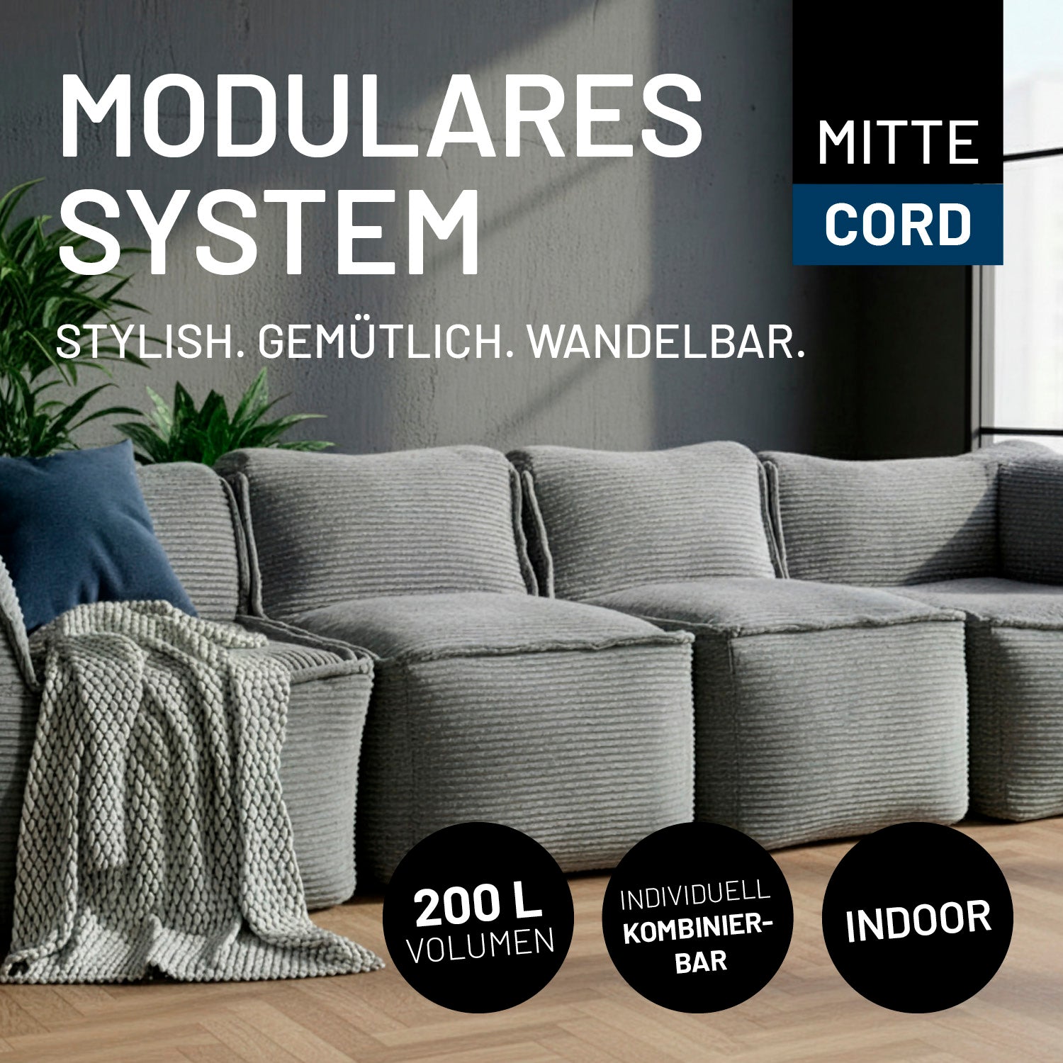 Modulare Mitte aus der LUMALAND Cord-Reihe 200 L 81 x 54 x 70 cm Grau Sitzsack mit gemütlichem Cordstoff und vielseitigem Modulsystem