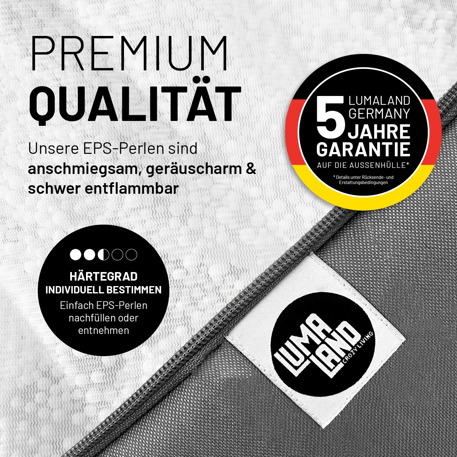 Modulare Mitte aus der LUMALAND Cord-Reihe 200 L in Grau mit Premium-Qualität, verstellbarem Härtegrad und 5 Jahre Garantie auf Hülle