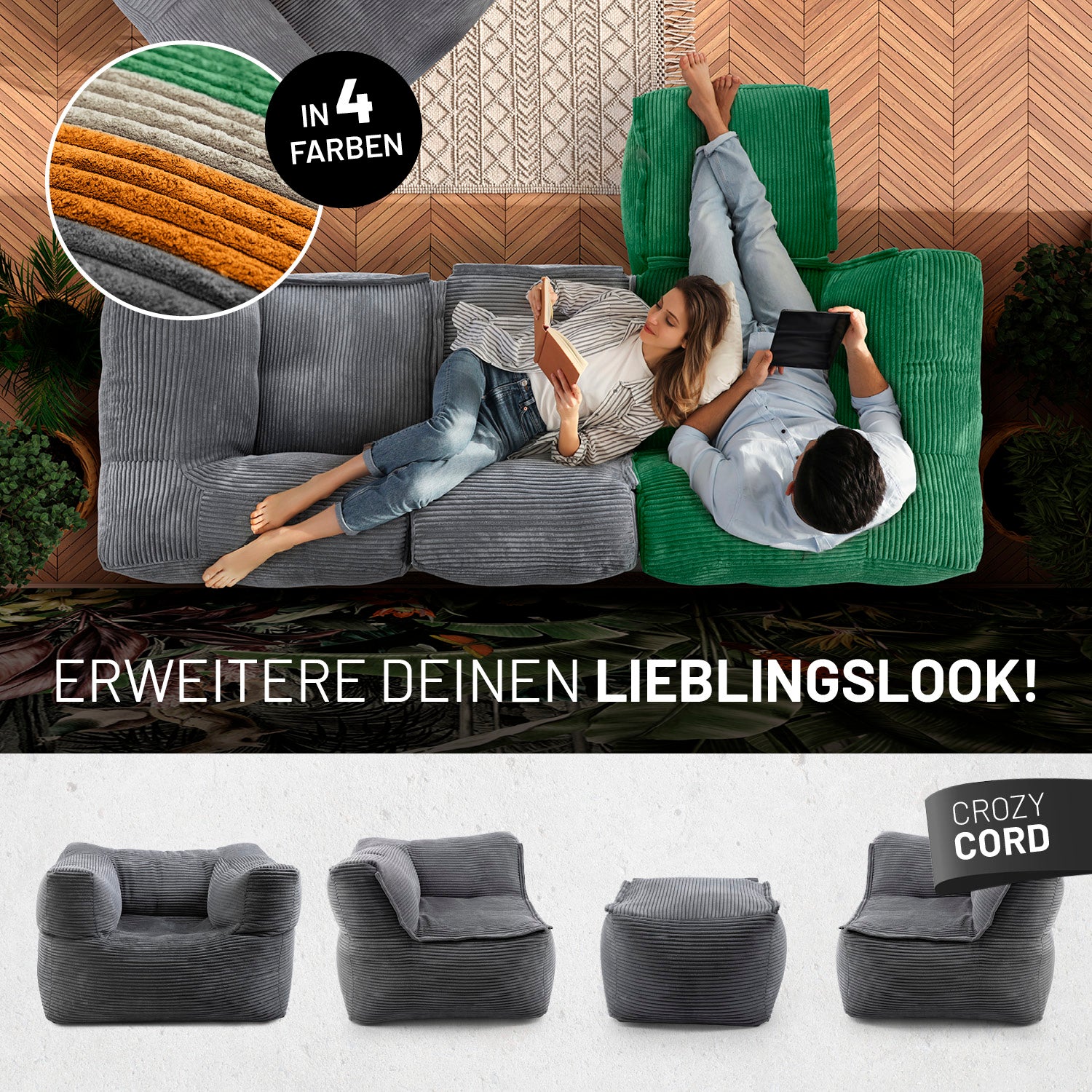 Modulare Mitte aus der LUMALAND Cord-Reihe 200 L grau Sitzsack mit robustem Cordstoff für gemütliches Sitzen und flexible Kombinationen.