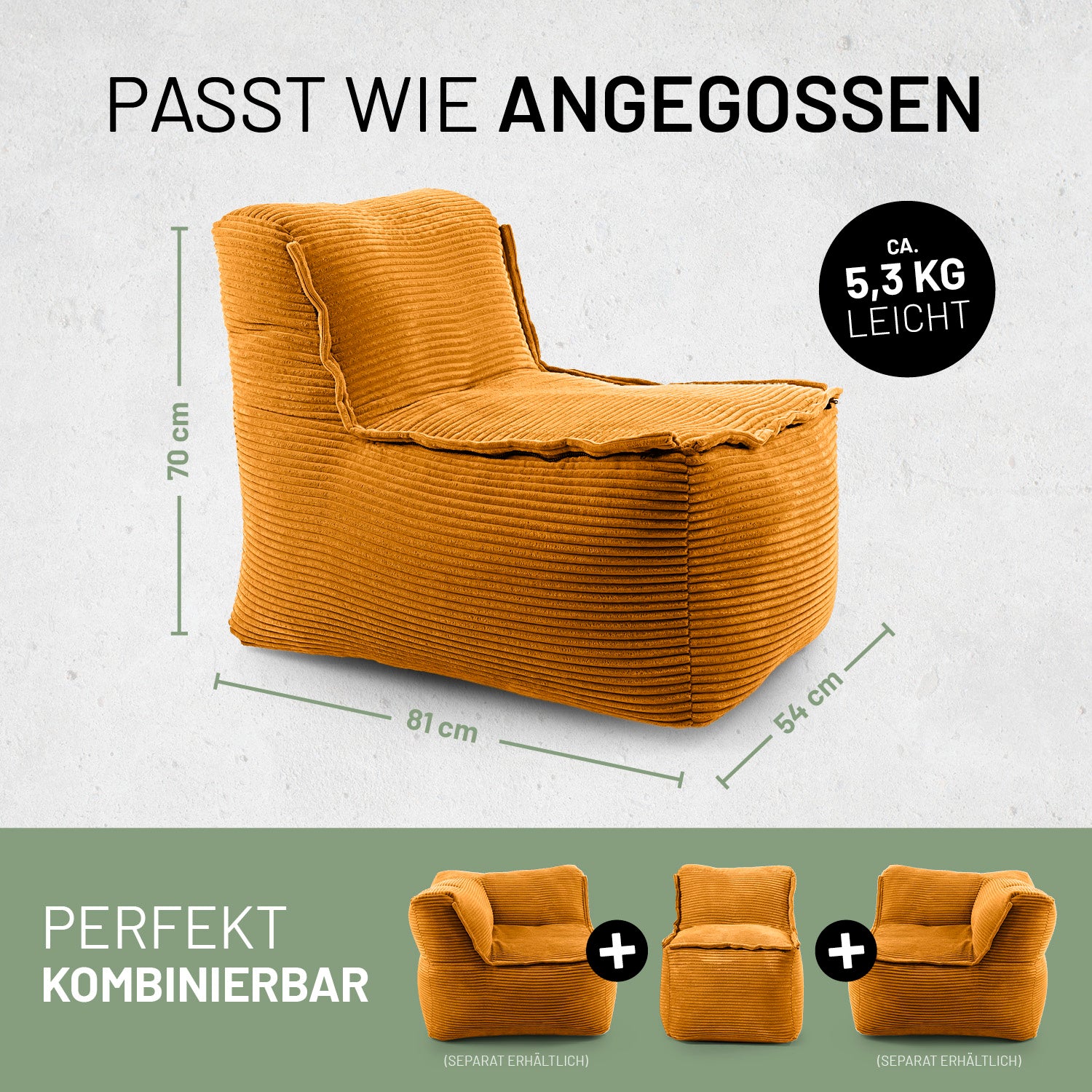 Modulare Mitte aus der LUMALAND Cord-Reihe - 200 L - 81 x 54 x 70 cm - Senfgelb Sitzsack in trendigem Cordstoff, leicht und kombinierbar