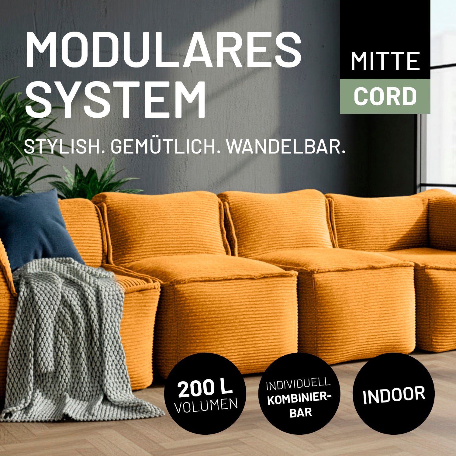 Modulare Mitte aus der LUMALAND Cord-Reihe - 200 L - 81 x 54 x 70 cm - Senfgelb als gemütliches, wandelbares Sitzmodul