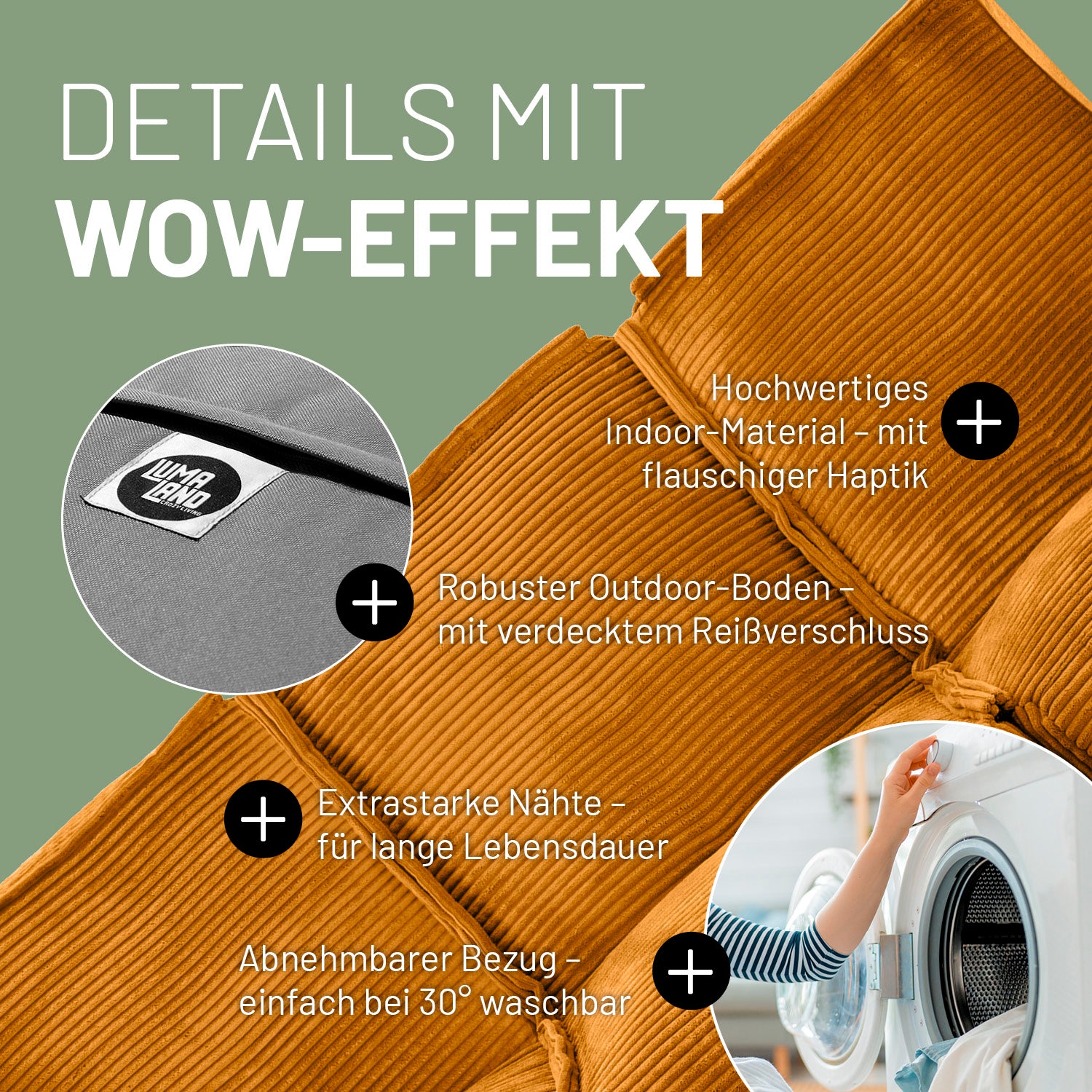 Modulare Mitte aus der LUMALAND Cord-Reihe - 200 L in Senfgelb mit robustem Boden, waschbarem Bezug und extra starken Nähten.