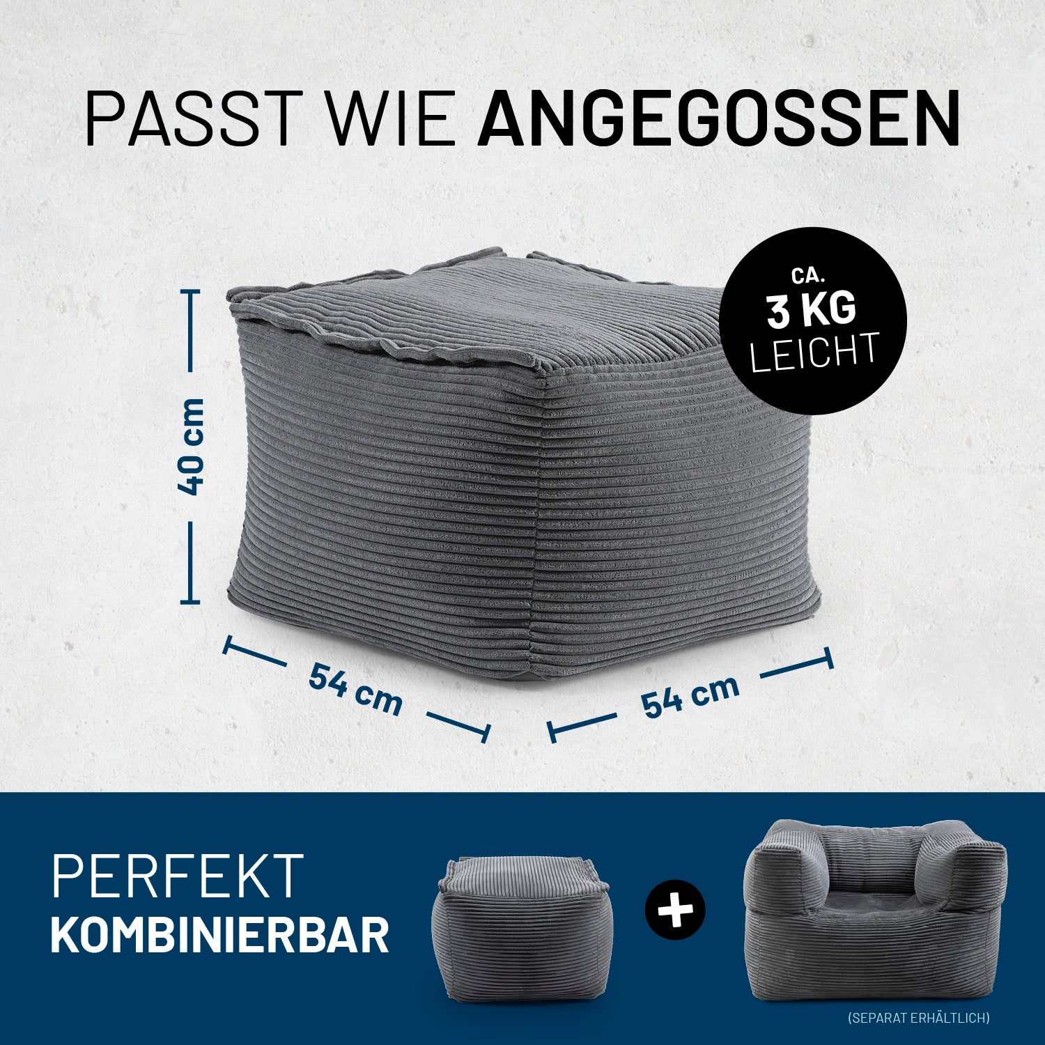 Modularer Hocker aus der LUMALAND Cord-Reihe - 140 L - 54 x 54 x 40 cm - Grau, leichter und kombinierbarer Sitzhocker aus Cordstoff.