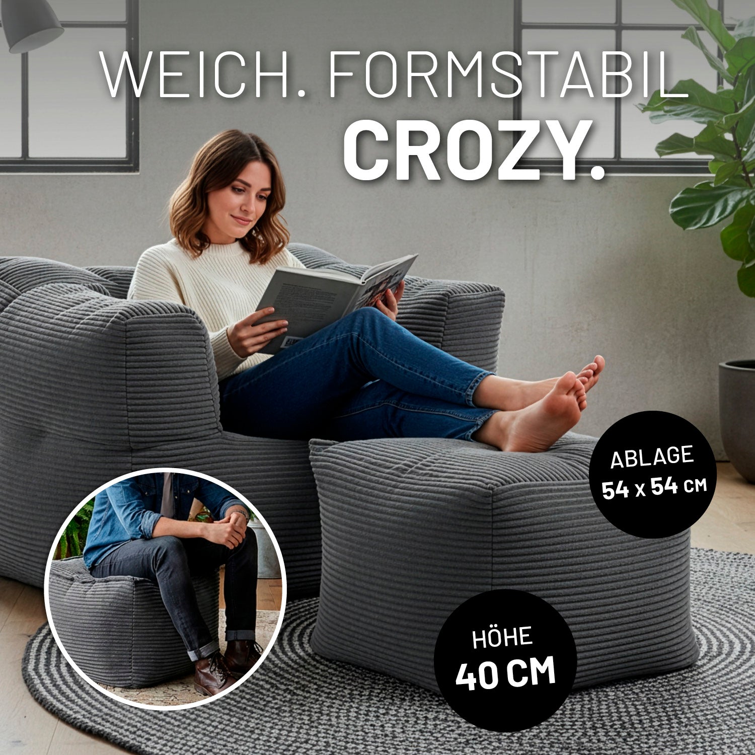 Modularer Hocker aus der LUMALAND Cord-Reihe - 140 L - 54 x 54 x 40 cm - Grau mit bequemer Sitzhöhe und Ablagefläche