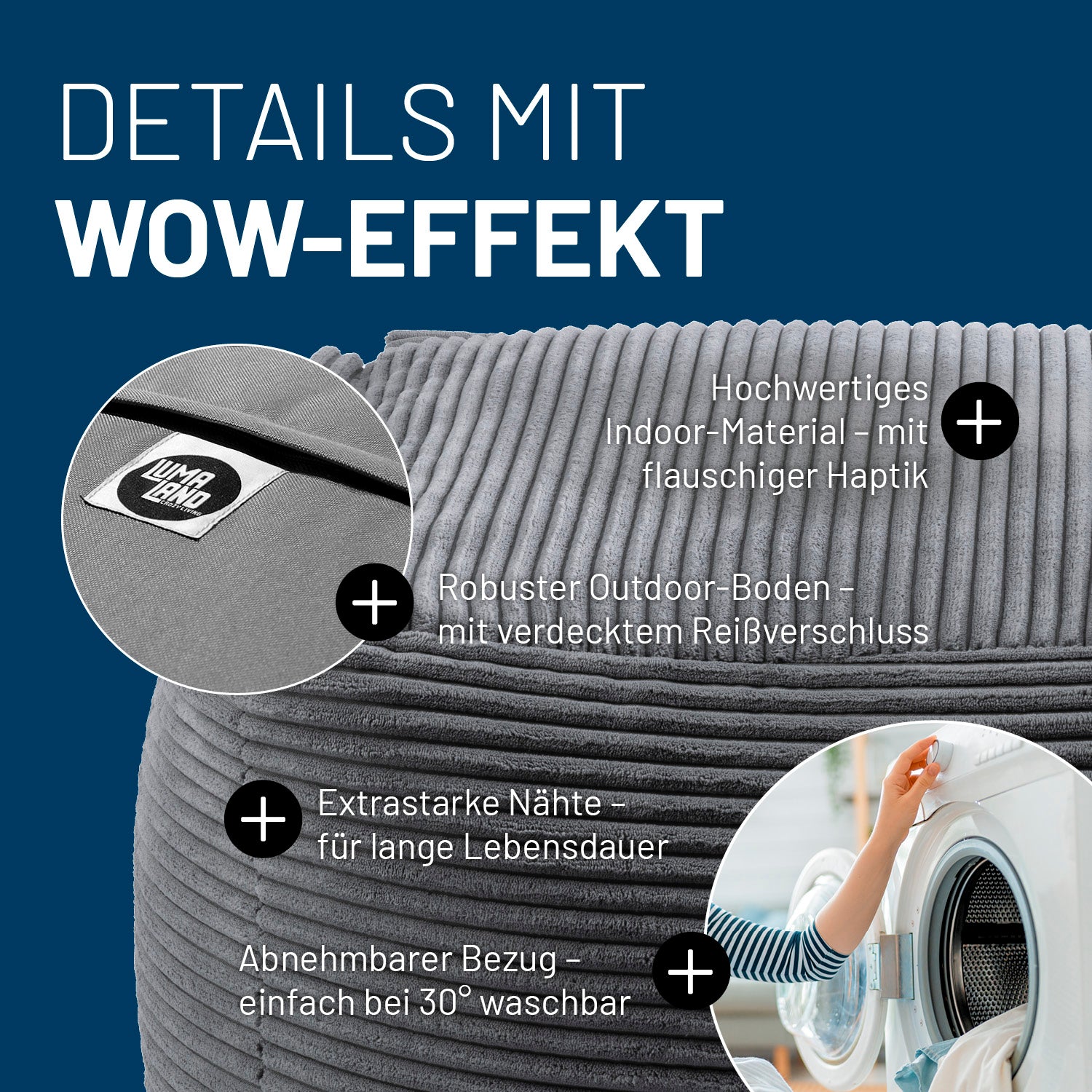 Modularer Hocker aus der LUMALAND Cord-Reihe - 140 L - 54 x 54 x 40 cm - Grau mit robustem Boden und abnehmbarem Bezug, waschbar bei 30°