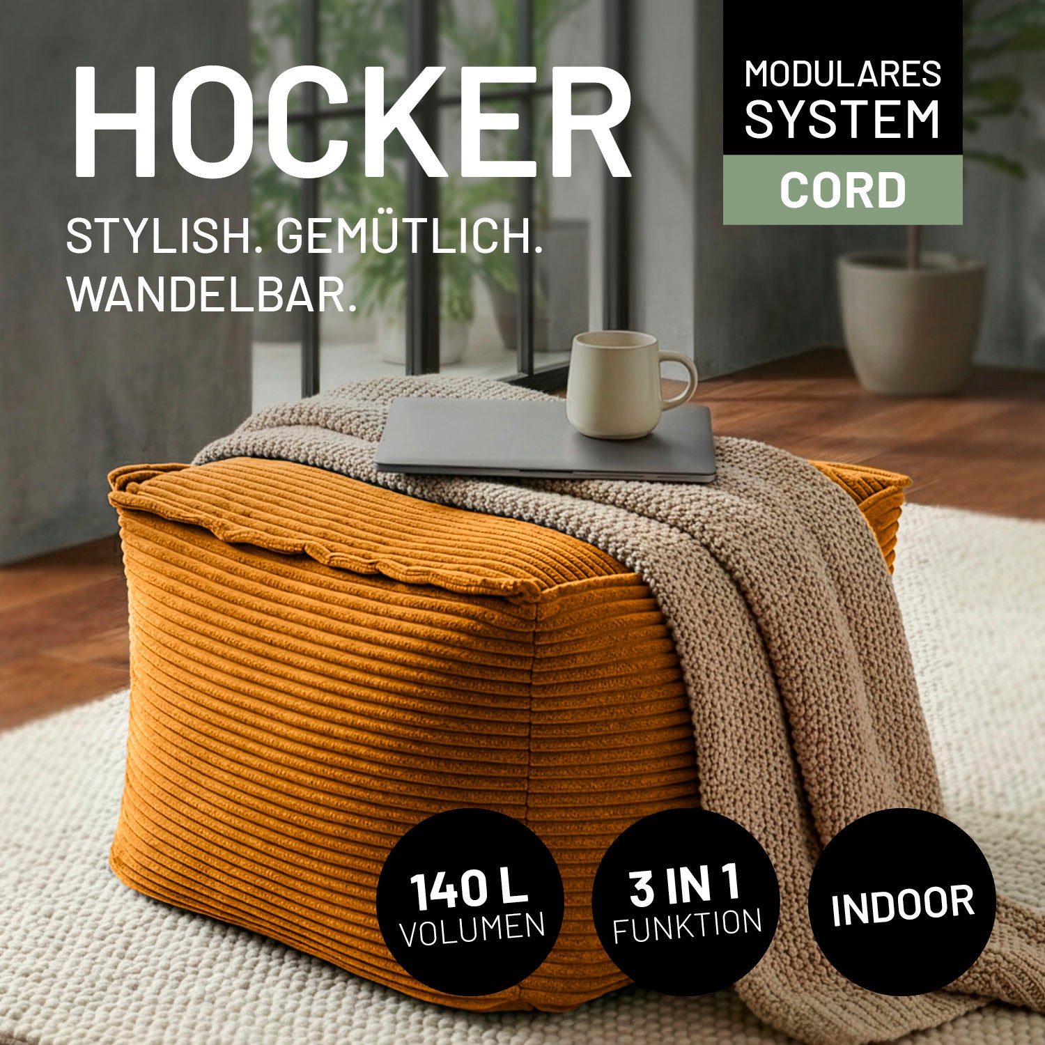 Modularer Hocker aus der LUMALAND Cord-Reihe - 140 L - 54 x 54 x 40 cm - Senfgelb als stylischer, gemütlicher Sitz und Ablage.