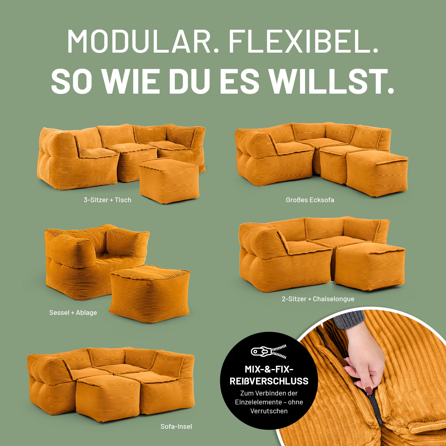 Modularer Hocker aus der LUMALAND Cord-Reihe - 140 L - 54 x 54 x 40 cm - Senfgelb in verschiedenen flexiblen Sitzkombinationen.