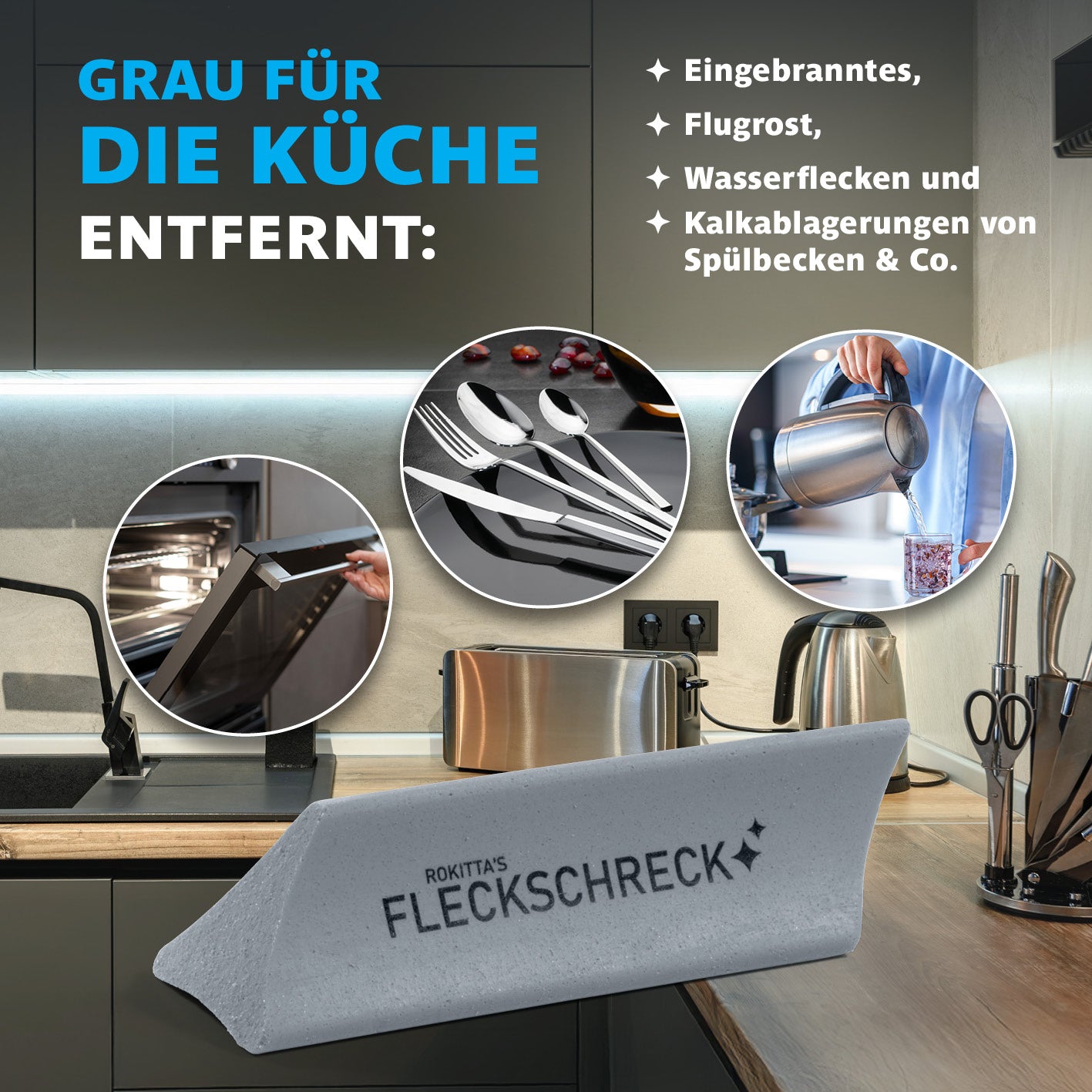 Rokitta Kalk- & Rostradierer mit Keramikpartikeln - 2er-Set entfernt eingebrannten Schmutz, Flugrost und Kalk in der Küche.