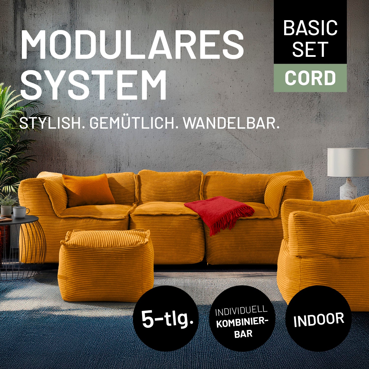 Modulares Basic-Set aus der LUMALAND Cord-Reihe - 5-tlg. - Senfgelb mit flexiblem, gemütlichem Cord-Sofa und Sessel im modernen Wohnstil.