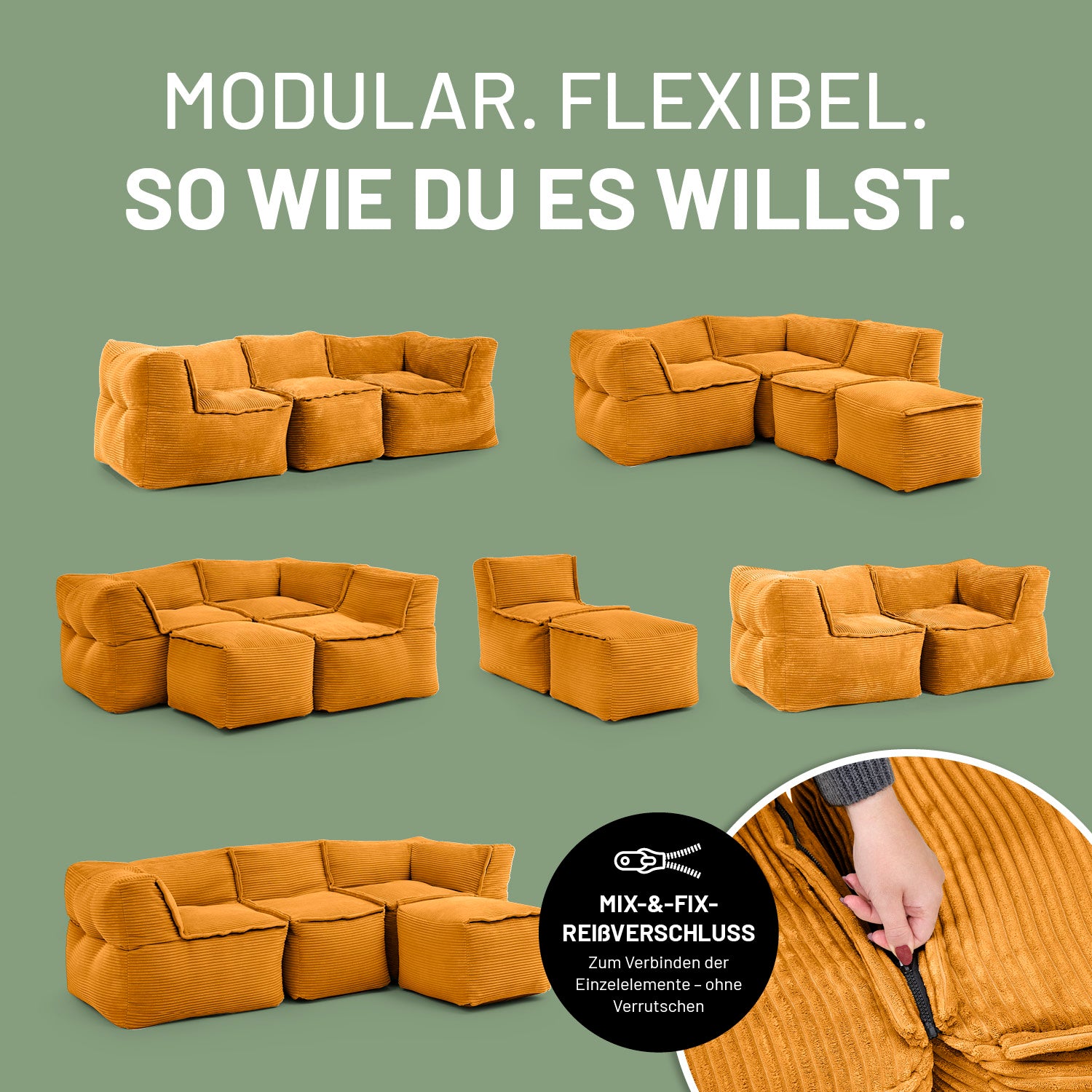 Modulares Basic-Set aus der LUMALAND Cord-Reihe - 5-tlg. - Senfgelb mit flexiblem Mix-&-Fix Reißverschluss für individuelle Sofakombinationen.