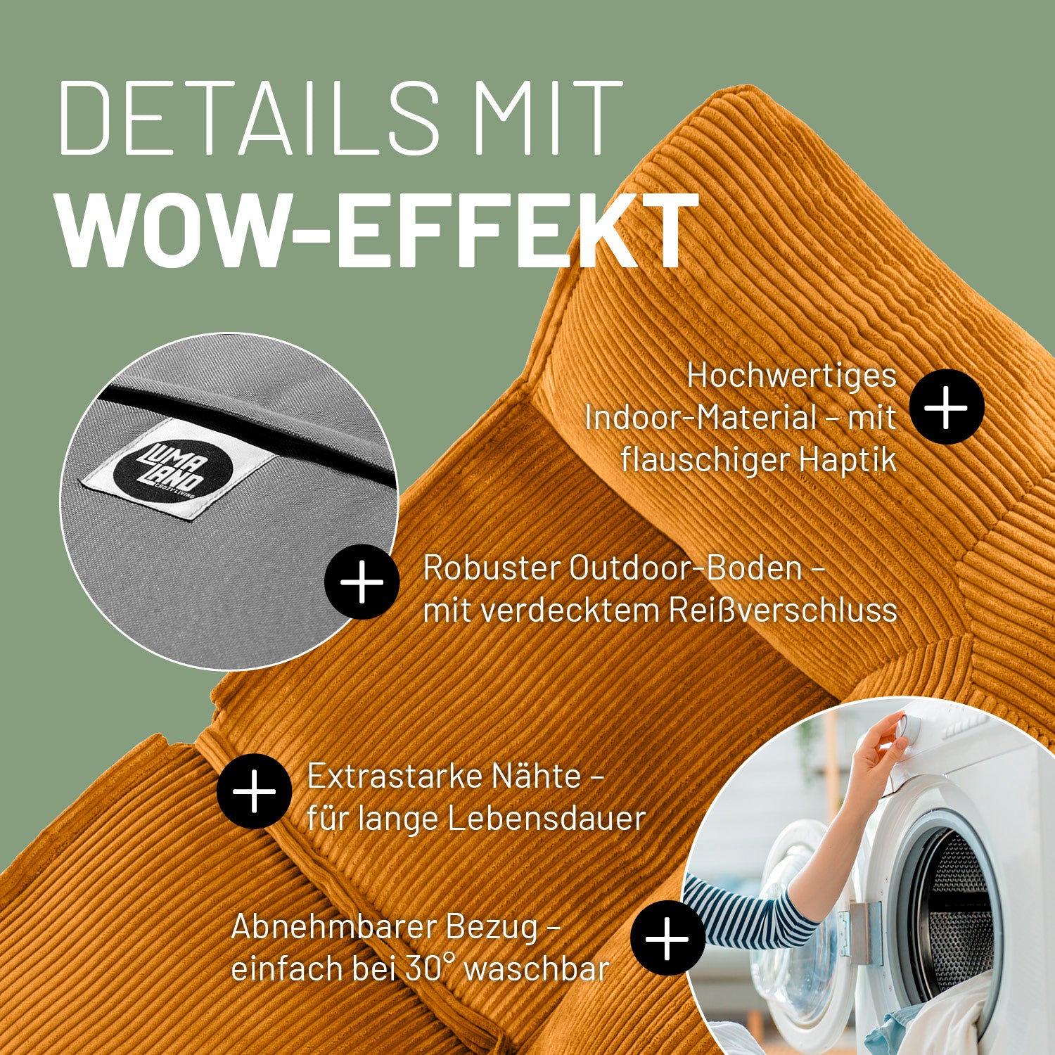 Modulares Basic-Set aus der LUMALAND Cord-Reihe - 5-tlg. - Senfgelb mit robustem Outdoor-Boden und abnehmbarem waschbarem Bezug
