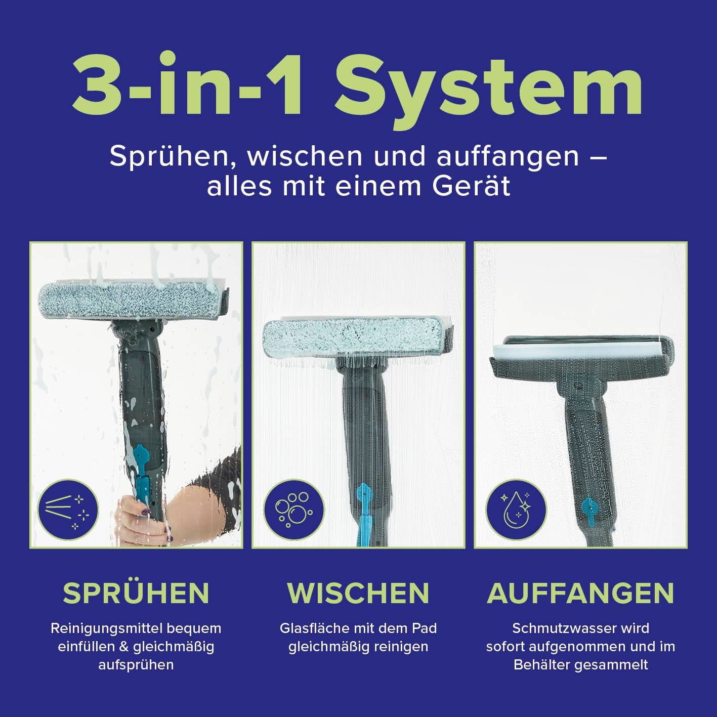 Fensterreiniger 3-in-1 zeigt Sprüh-, Wisch- und Auffangfunktion für effiziente und zeitsparende Fensterreinigung in einem Gerät.