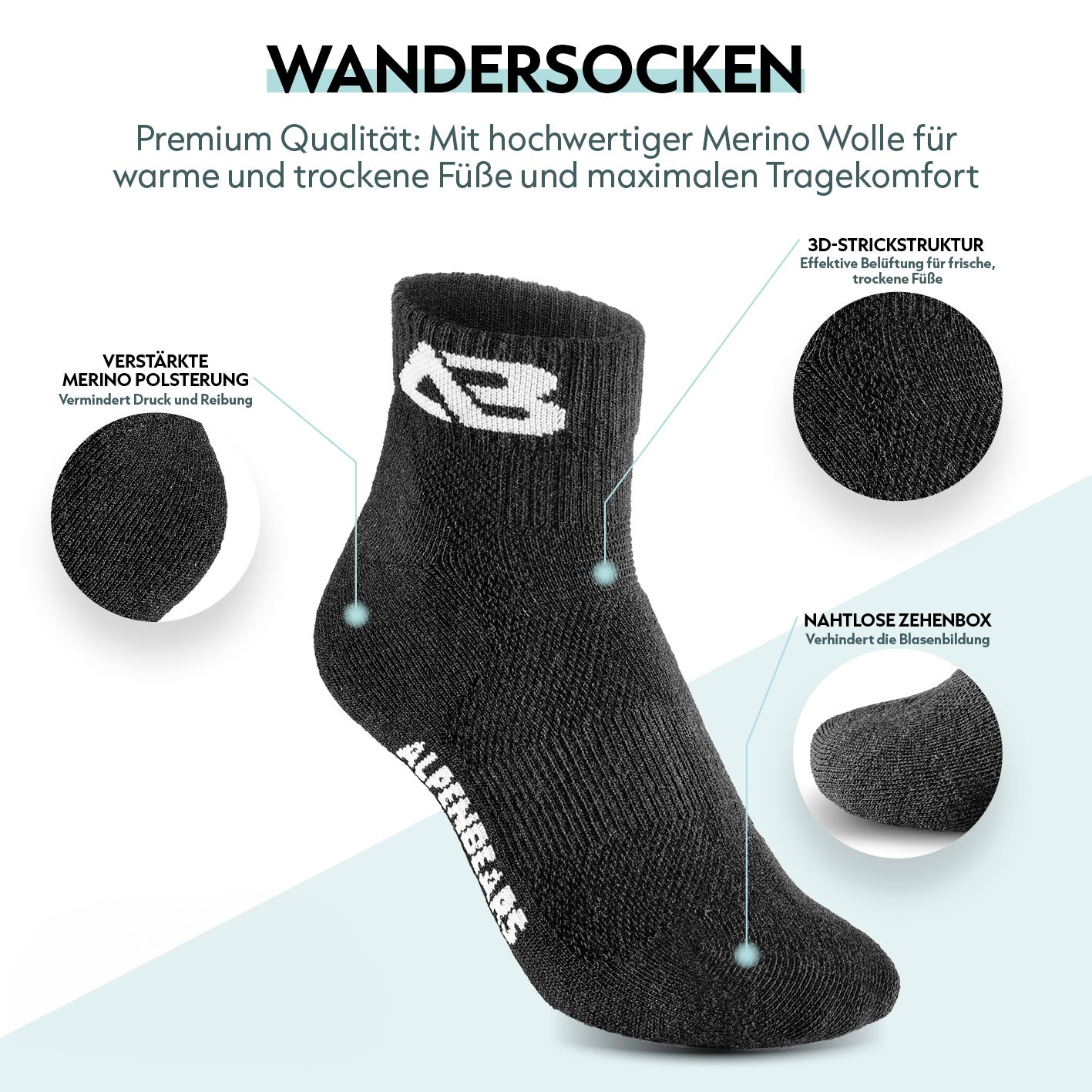 Wandersocken 3er-Set - Schwarz - L mit Merino-Wolle, 3D-Strickstruktur, verstärkter Polsterung und nahtloser Zehenbox, Galerieposition 2