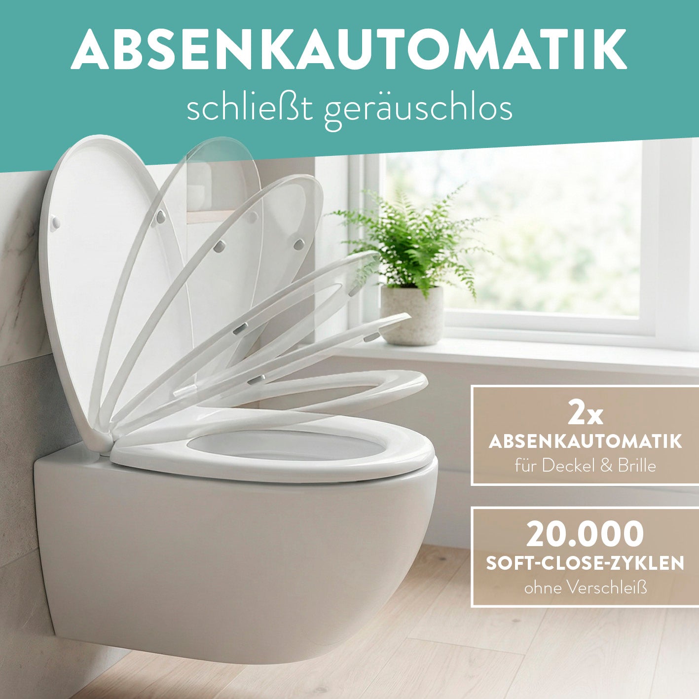 Premium Toilettendeckel antibakteriell oval - Weiß mit geräuschloser Absenkautomatik und langlebiger Soft-Close-Funktion für Deckel und Brille.