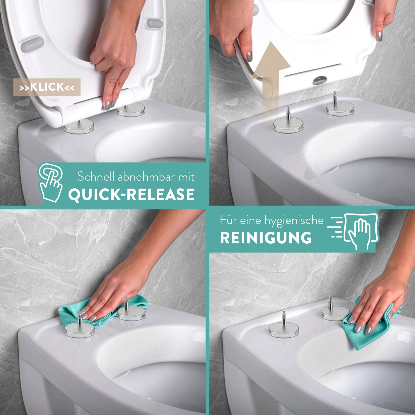 Premium Toilettendeckel antibakteriell oval - Weiß mit Quick-Release-Funktion für einfache Abnahme und hygienische Reinigung des WC-Sitzes.