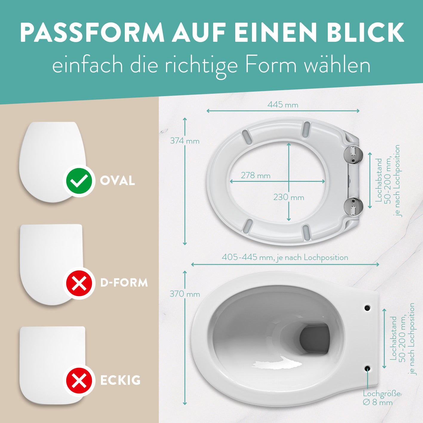 Premium Toilettendeckel antibakteriell oval - Weiß mit Maßangaben zur Montage und Passform für ovale WC-Sitze, zeigt empfohlenen Abstand und Lochposition.