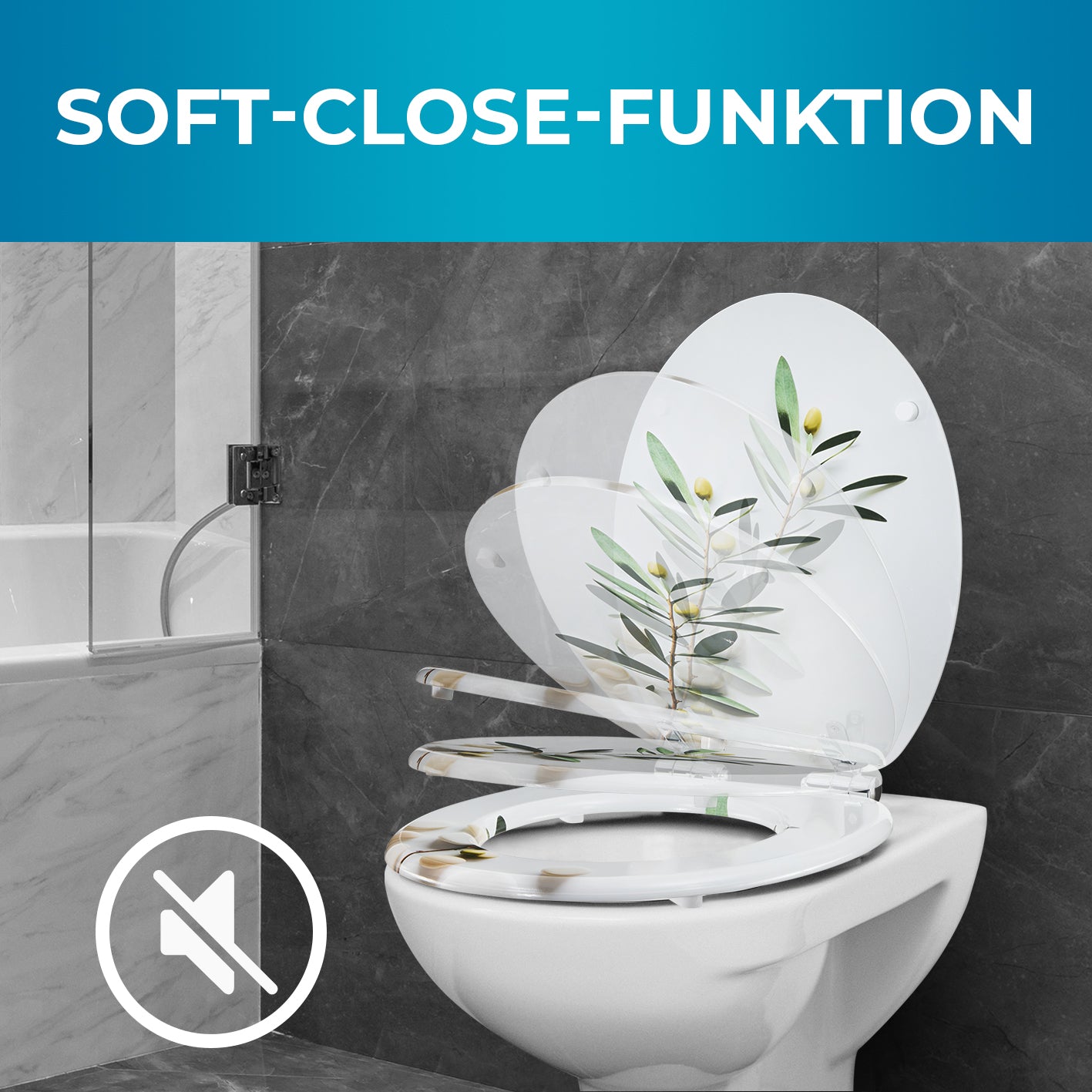 Toilettendeckel - oval - Absenkautomatik - Hellgrau mit dekorativem Olivenzweig-Motiv und geräuschloser Soft-Close-Funktion für sanftes Schließen.