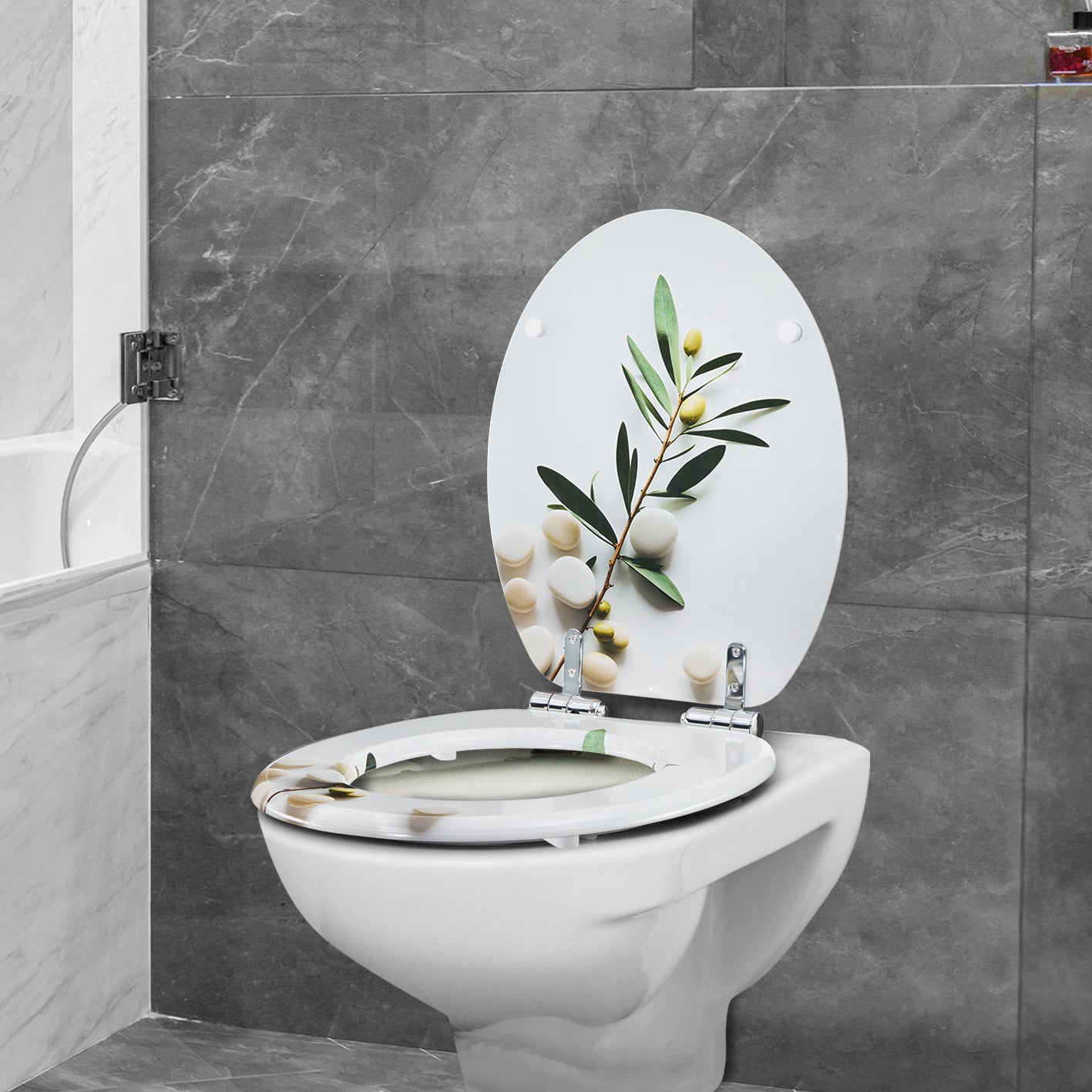 Toilettendeckel - oval - Absenkautomatik - Hellgrau mit zartem Olivenzweigdruck, robustem MDF und leicht zu reinigender Oberfläche.