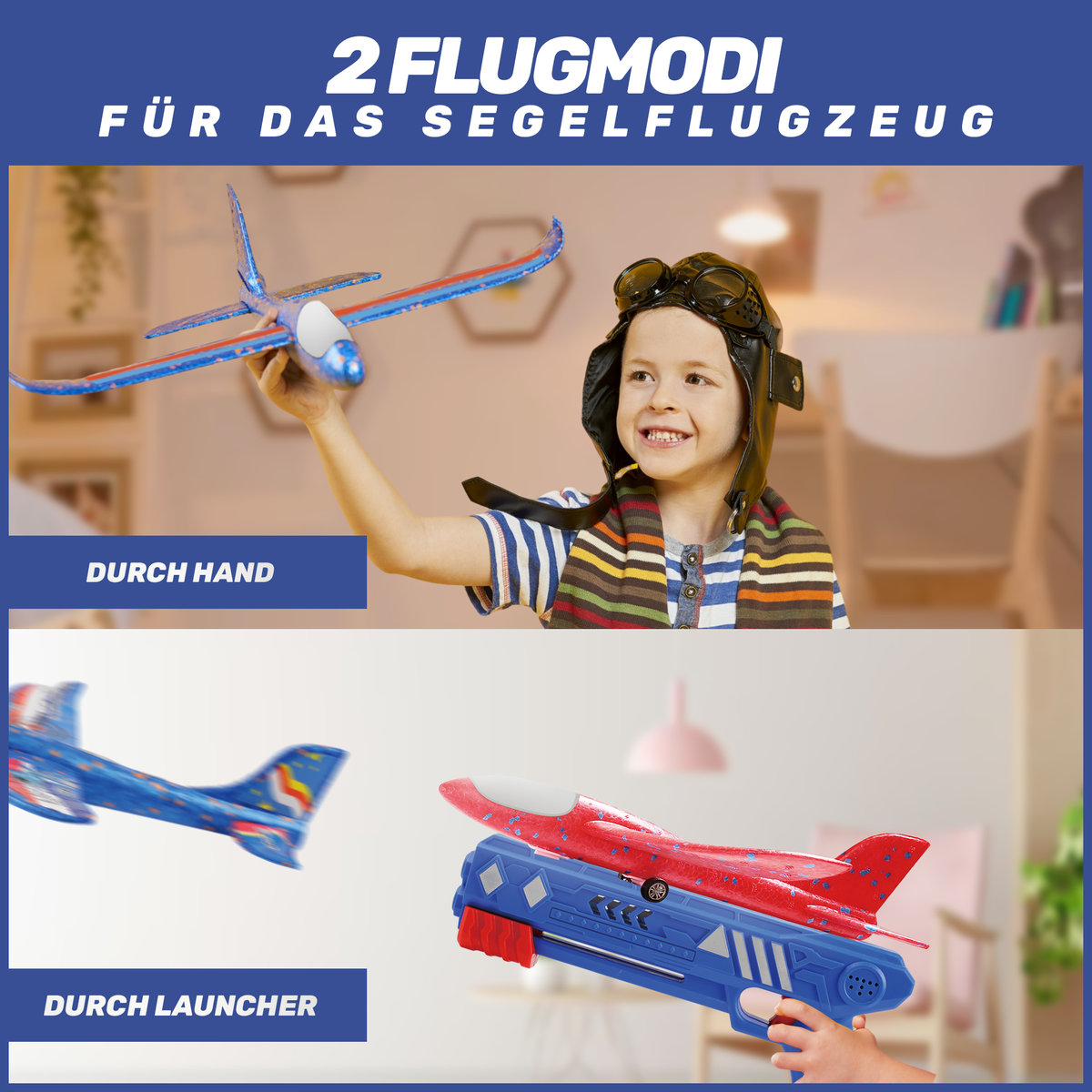Flugzeug-Starter - 3er Set - Blau/Rot/Gelb mit Spielzeugflugzeugen für Handstart und Abschuss per Launcher