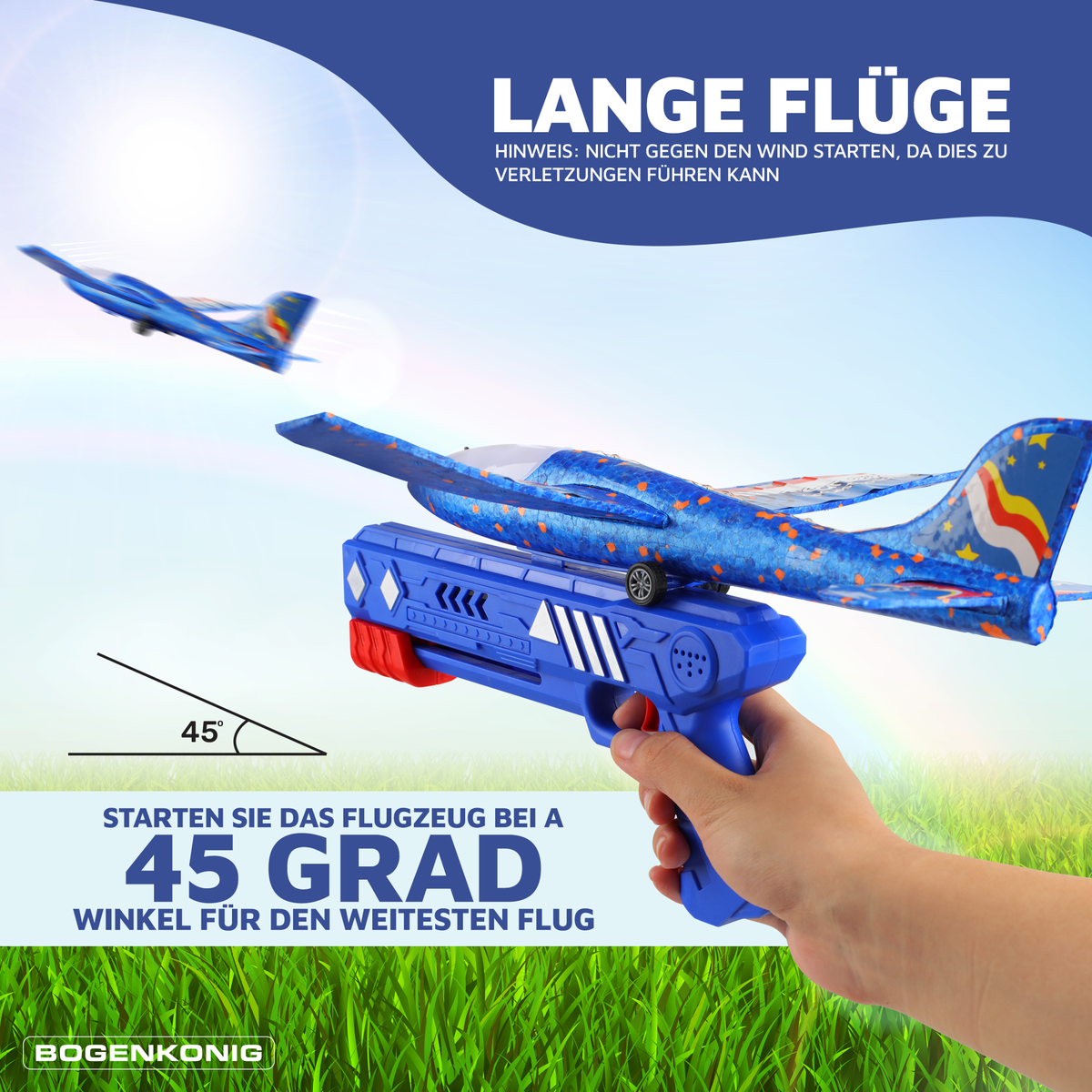 Infografik zum Flugzeug-Starter - 3er Set - Blau/Rot/Gelb mit Handstarter und 45 Grad Startwinkel