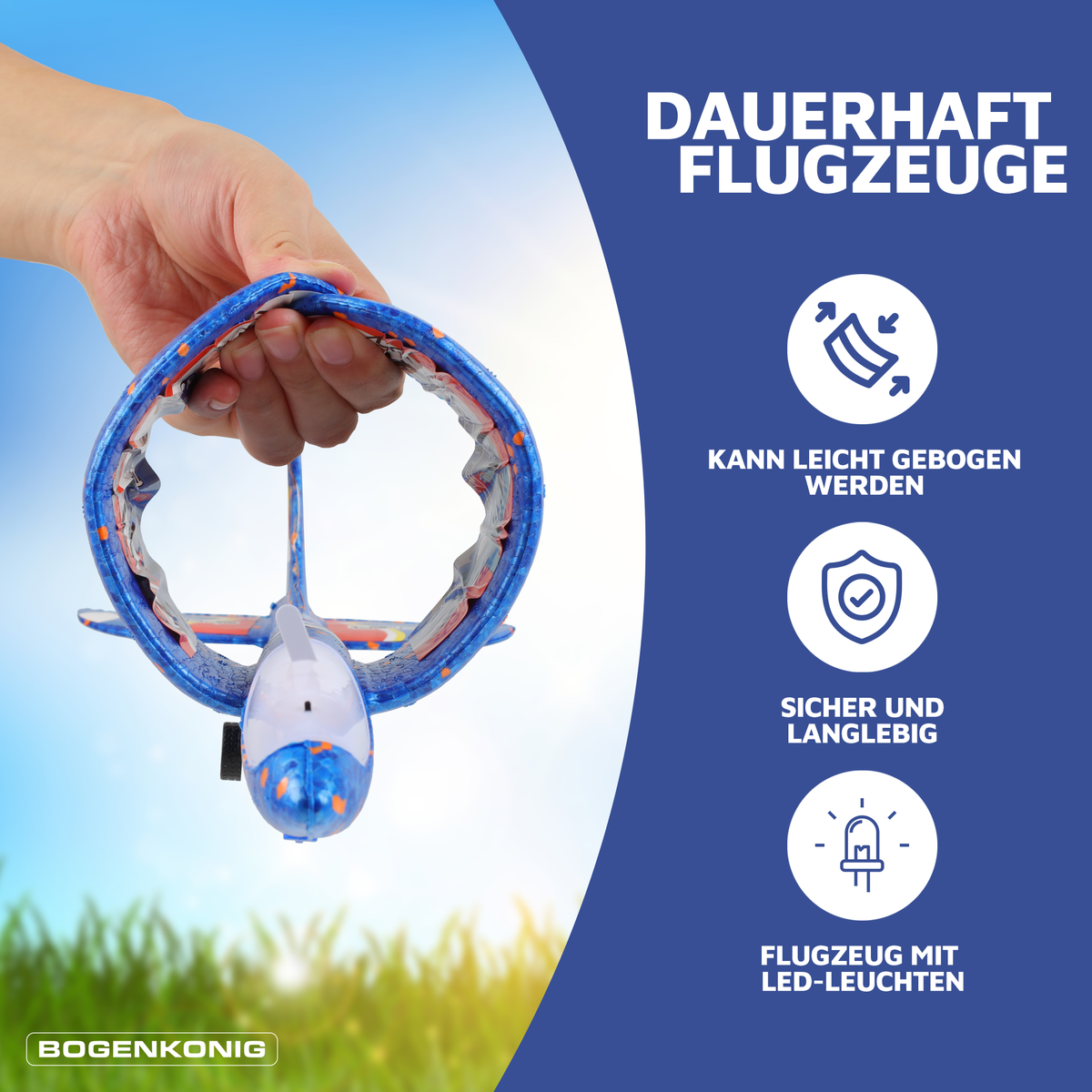 Flugzeug-Starter - 3er Set - Blau/Rot/Gelb mit Flugzeug in Starterschlaufe und LED-Leuchten