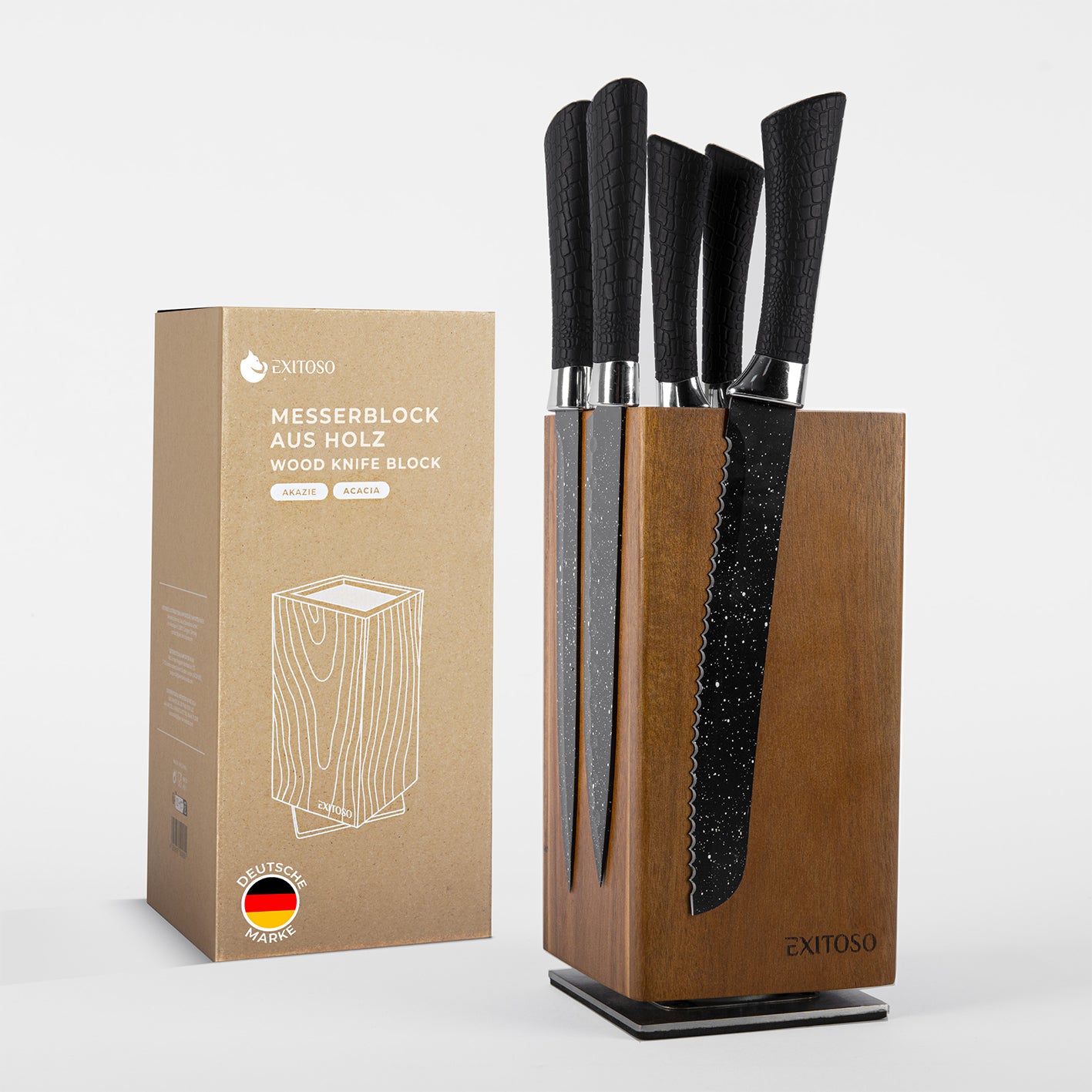360°-Messerblock - Akazie - für max. 20 Messer aus Holz mit magnetischer Außenseite und Borsteneinsatz zur sicheren Messeraufbewahrung.