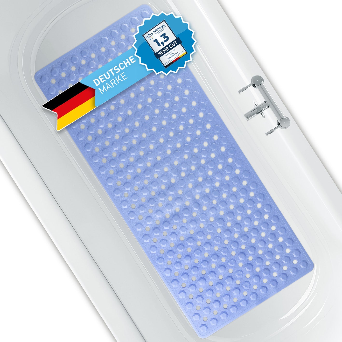 Badewannenmatte 88 x 40 cm – Hellblau mit rutschfester Oberfläche und saugnäpfen für sicheren Halt in der Badewanne.