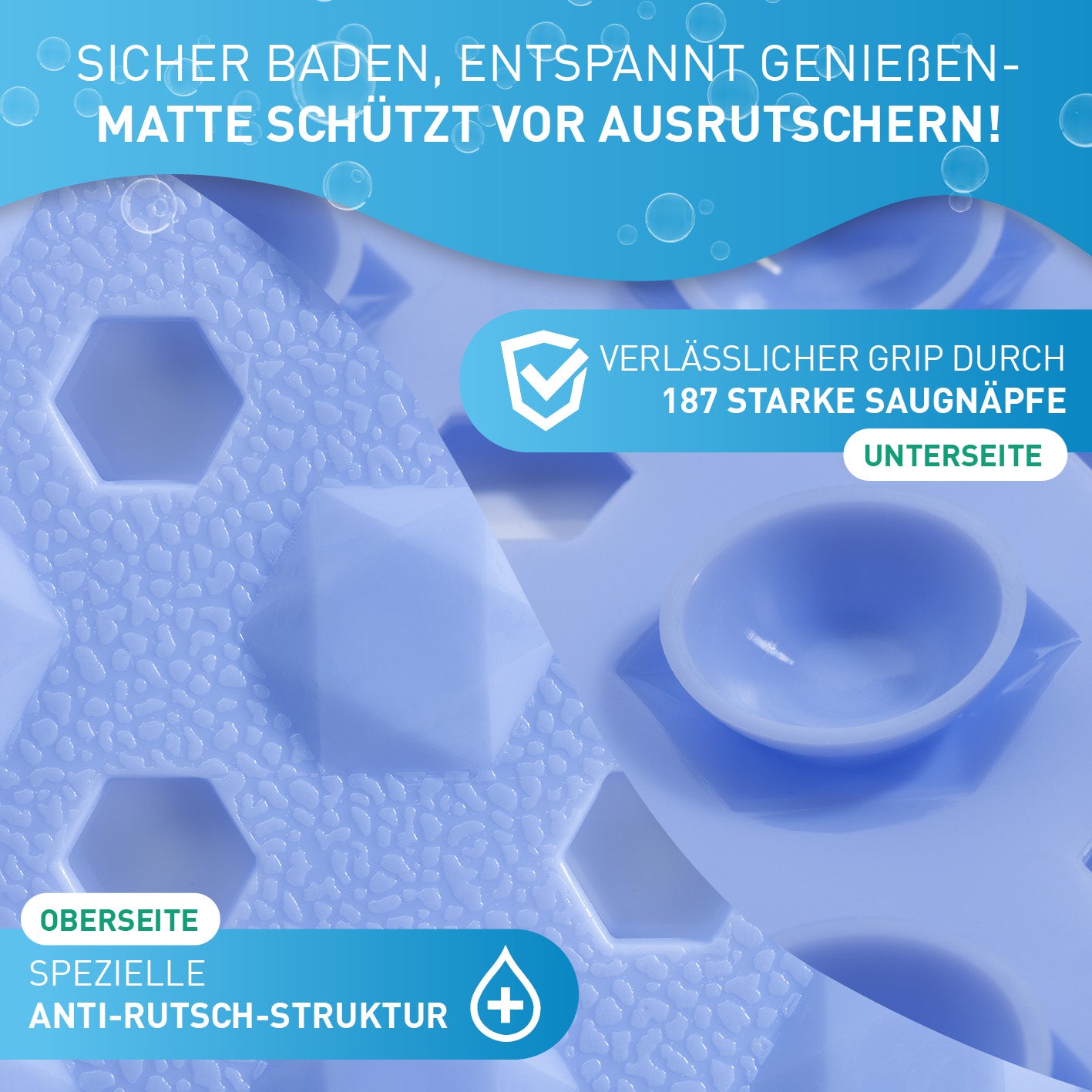 Badewannenmatte 88 x 40 cm – Hellblau mit Anti-Rutsch-Struktur und 187 Saugnäpfen für sicheren Halt beim Baden.