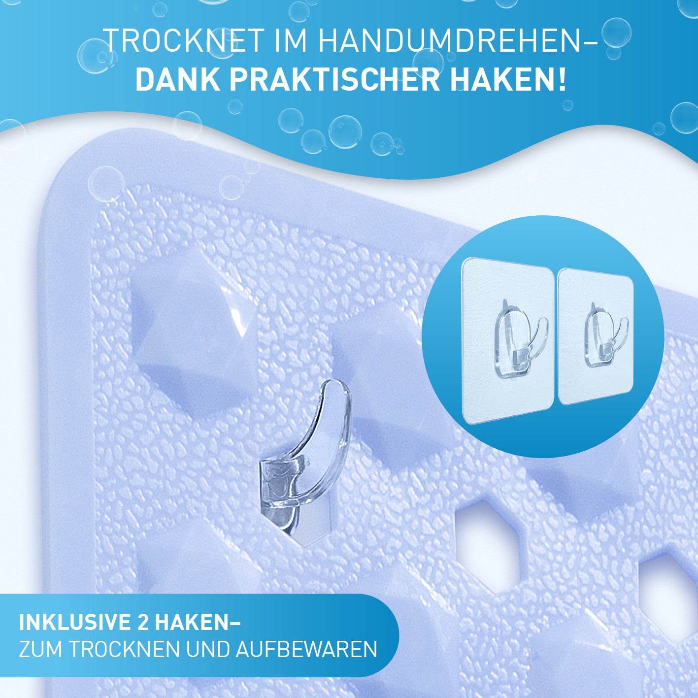 Badewannenmatte 88 x 40 cm – Hellblau mit Anti-Rutsch-Struktur und praktischen Haken zum einfachen Trocknen und Aufbewahren.