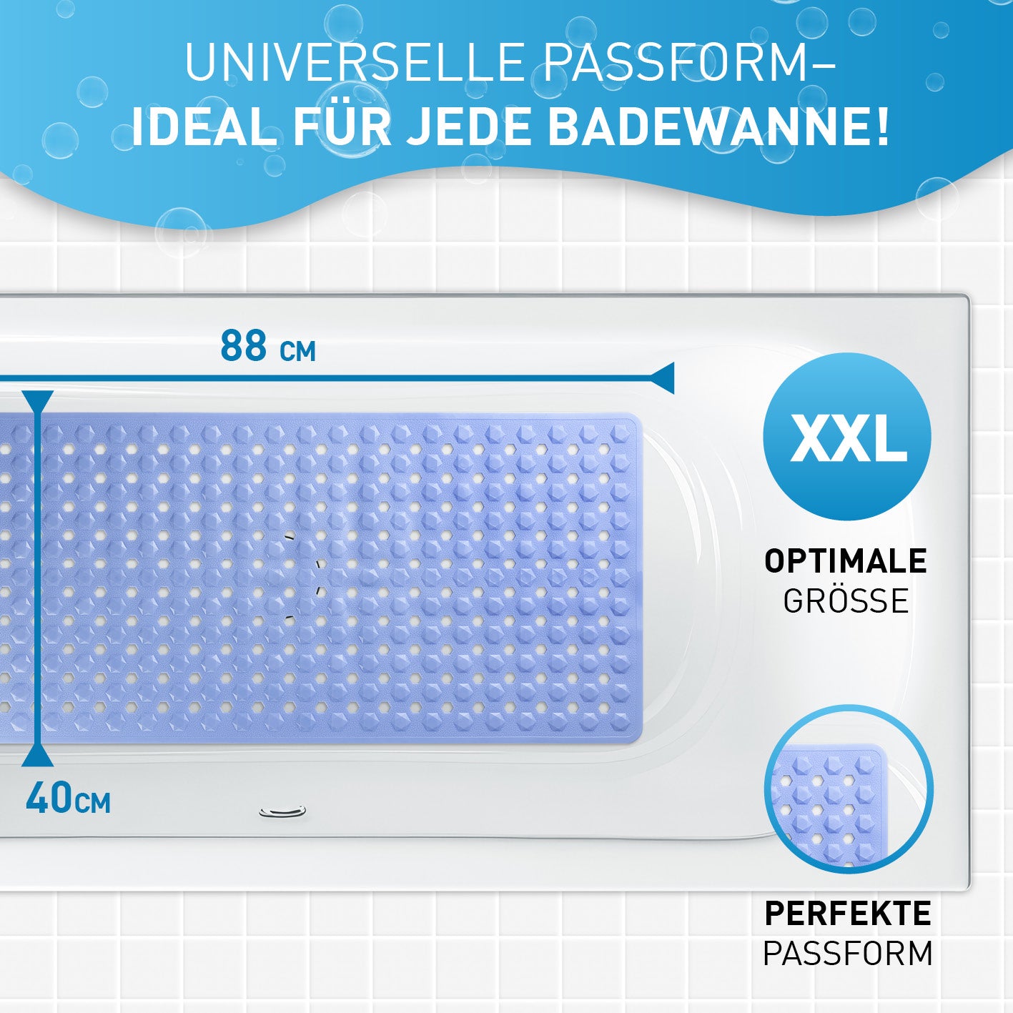 Badewannenmatte 88 x 40 cm – Hellblau mit Anti-Rutsch-Struktur und Saugnäpfen für sicheren Halt in jeder Badewanne