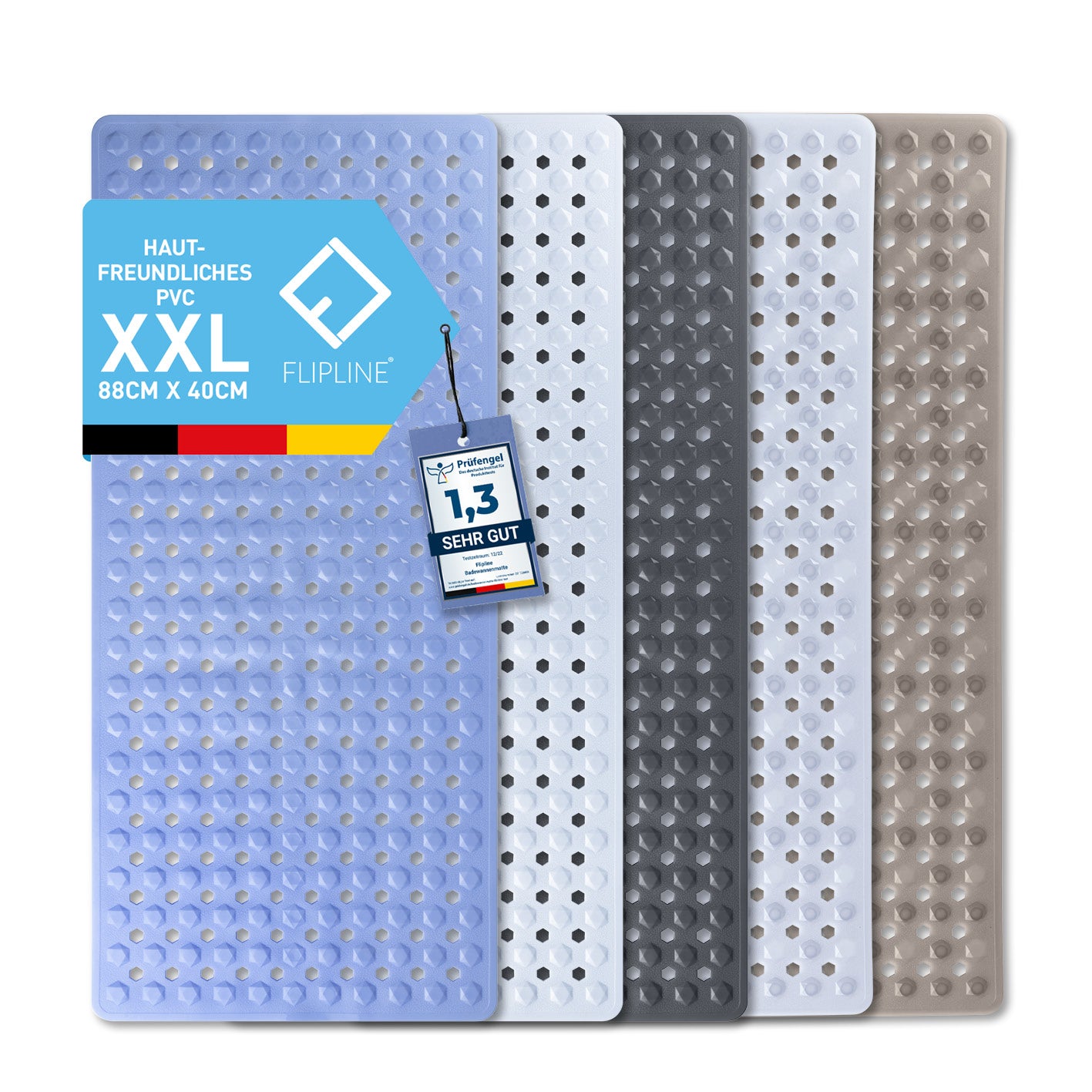 Badewannenmatte 88 x 40 cm – Hellblau mit rutschfester Struktur und Saugnäpfen für sicheren Halt in der Badewanne.