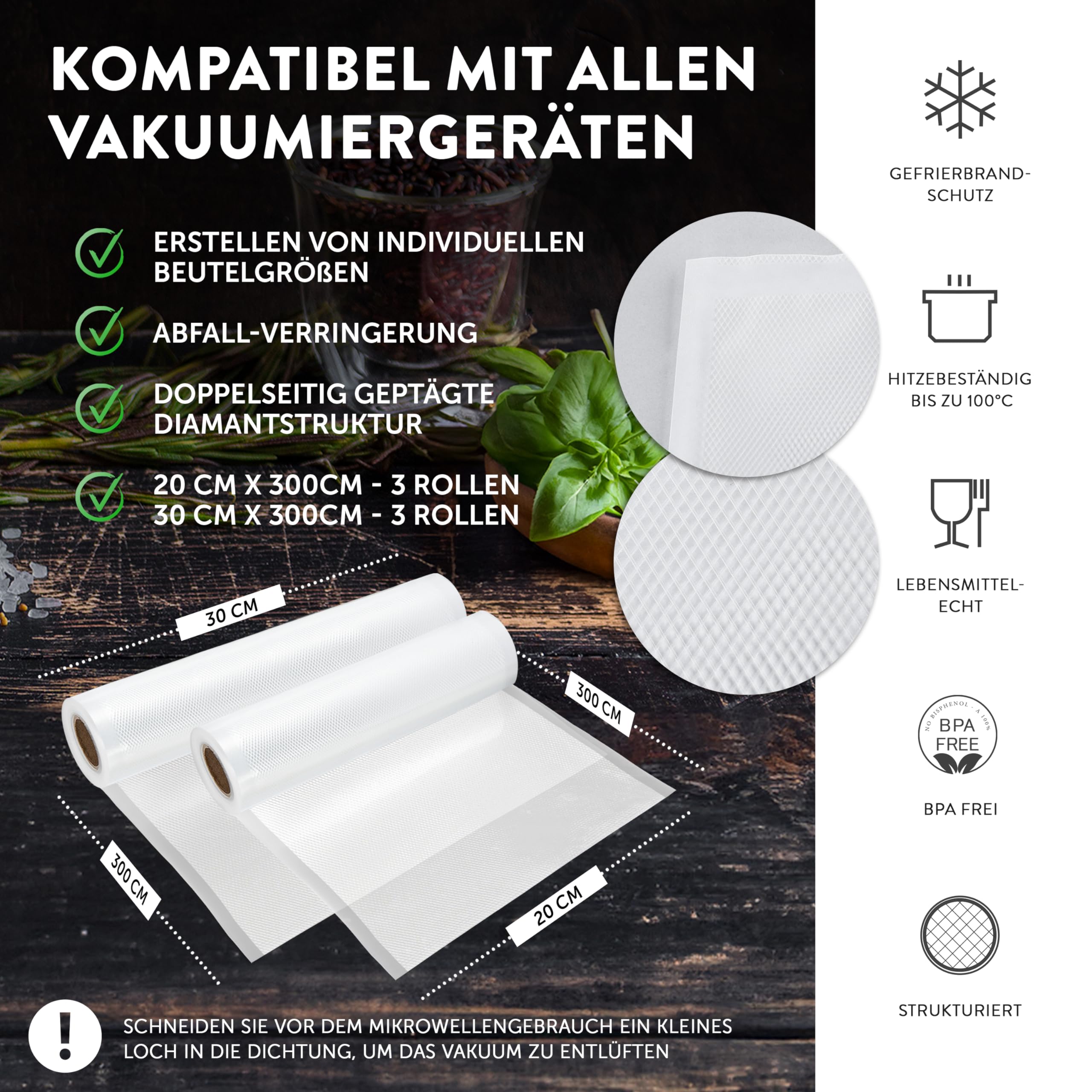 Premium Vakuumrollen - 6er-Set - 3 x 20x300 cm + 3 x 30x300 cm
