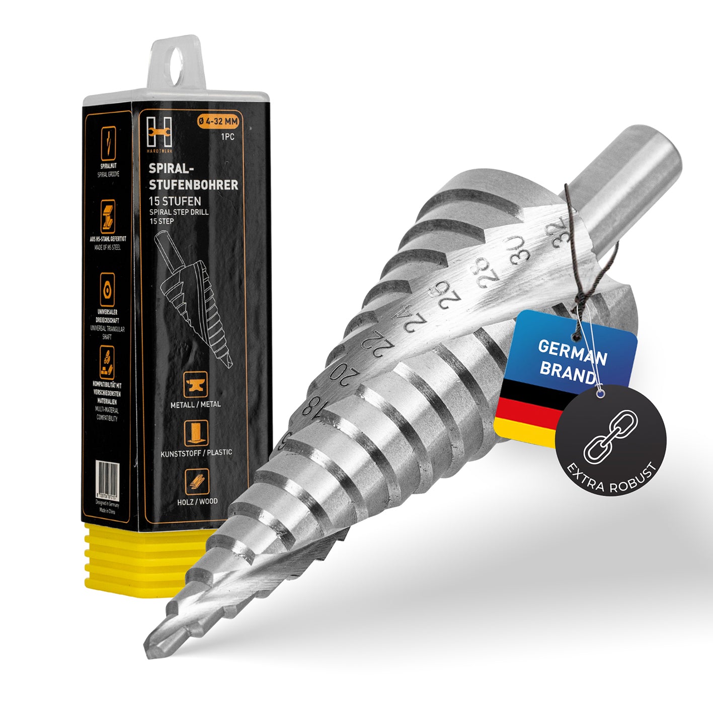 Stufenbohrer Ø 4-32mm Spiralbohrer aus Metall mit abgestuften Durchmessern für Kunststoff, Holz und Metall geeignet.