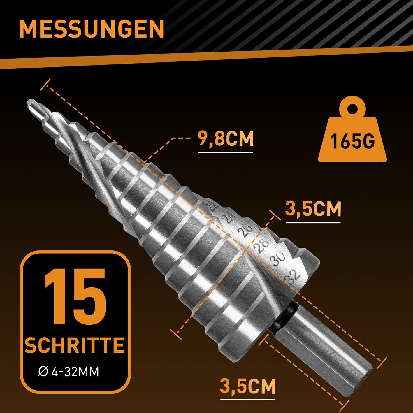 Stufenbohrer Ø 4-32mm mit 15 Stufen, Länge 9,8 cm, Durchmesser 3,5 cm und Gewicht 165 g in metallischem Design.