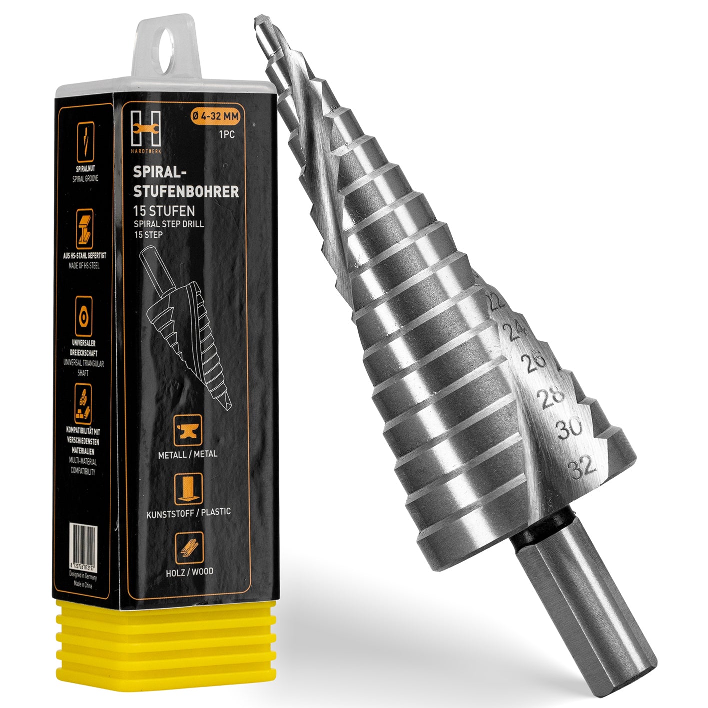 Stufenbohrer Ø 4-32mm mit 15 Stufen zum Bohren in Metall, Kunststoff und Holz, spiralgeformt und robust gefertigt.