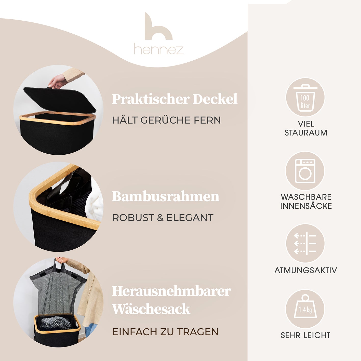 Aufbewahrungskorb "Adrian" 100 l mit Deckel -  Schwarz