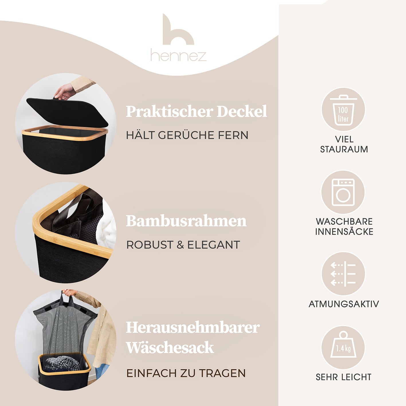 Aufbewahrungskorb "Adrian" 140 l mit Deckel & 2 Fächern - Schwarz