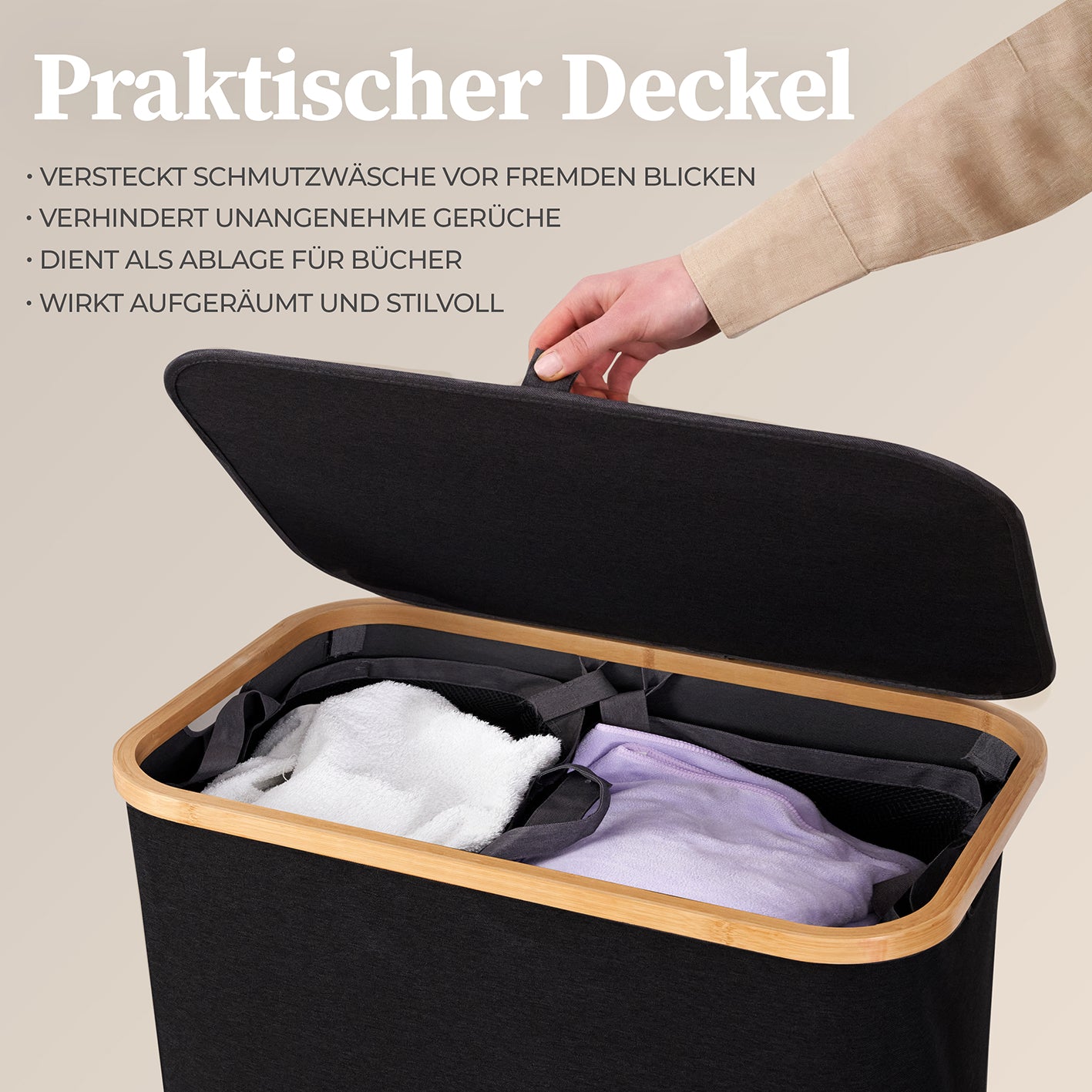 Aufbewahrungskorb "Adrian" 140 l mit Deckel & 2 Fächern - Schwarz